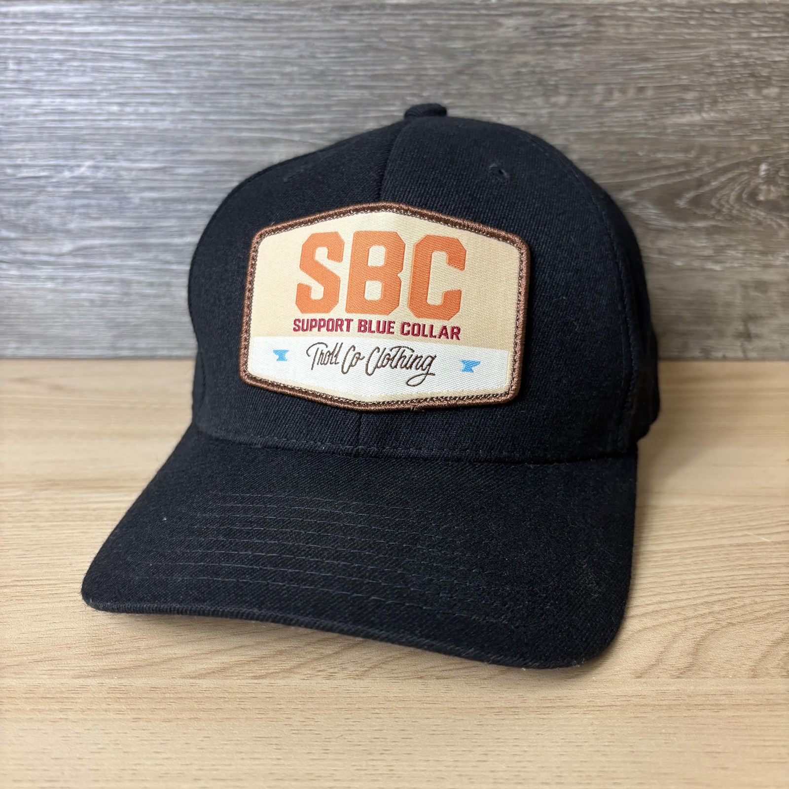 Troll Co Clothing Hat Cap Fitted Mens L-XL Black Patch Support Blue Collar SBC