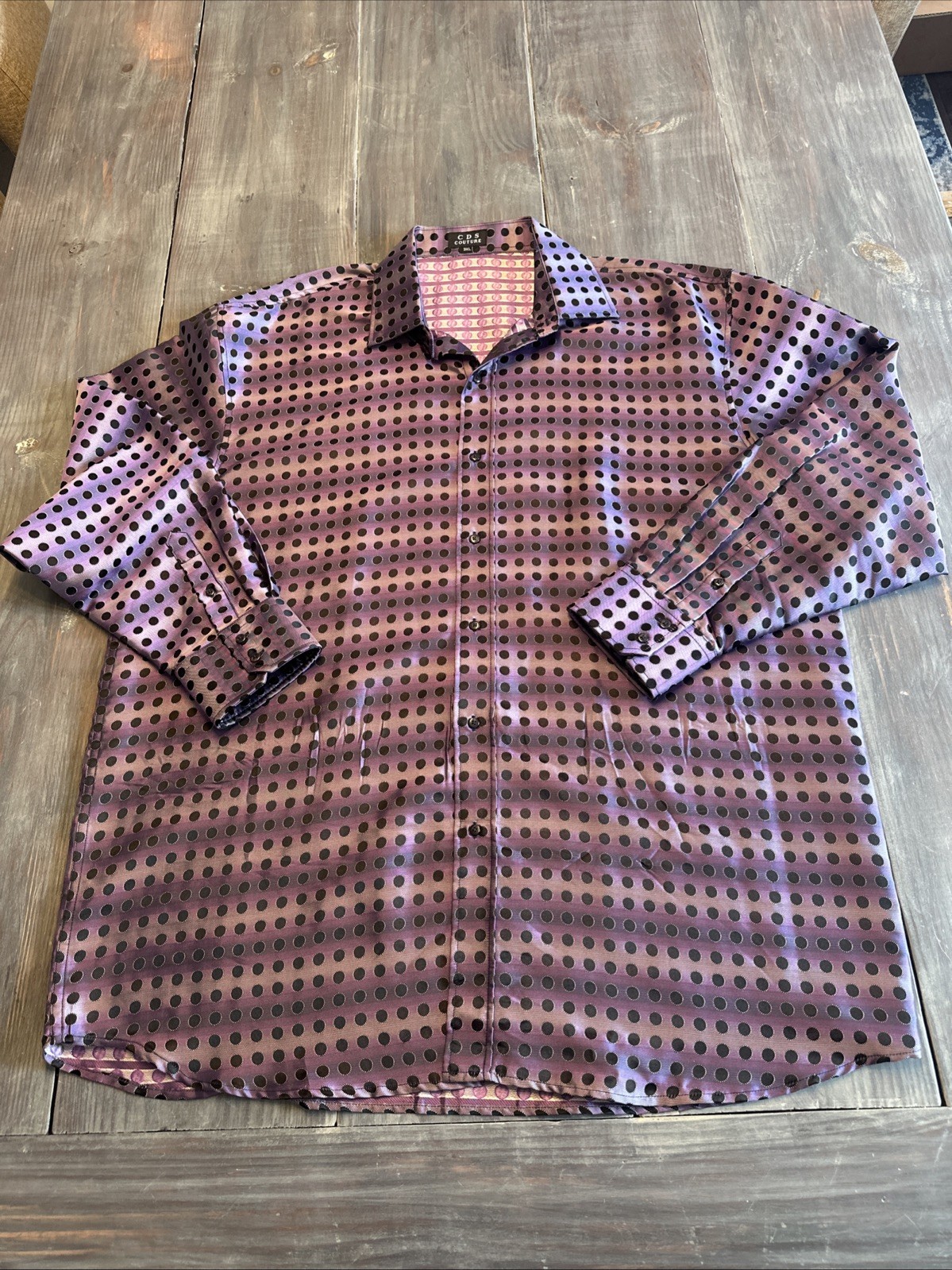 CREME DE SILK CDS Couture 100% Silk Purple Black Polka Dot Mens Button Up 3XL