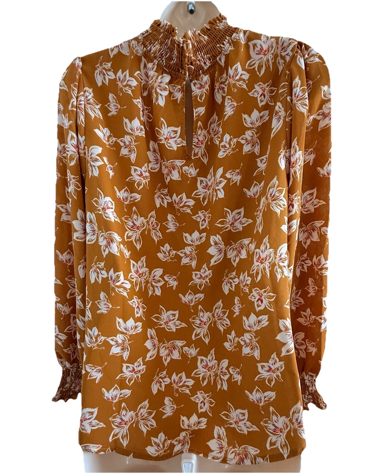 Pleione Floral Blouse Medium Rust Orange Smocked Neck Long Sleeve NWT