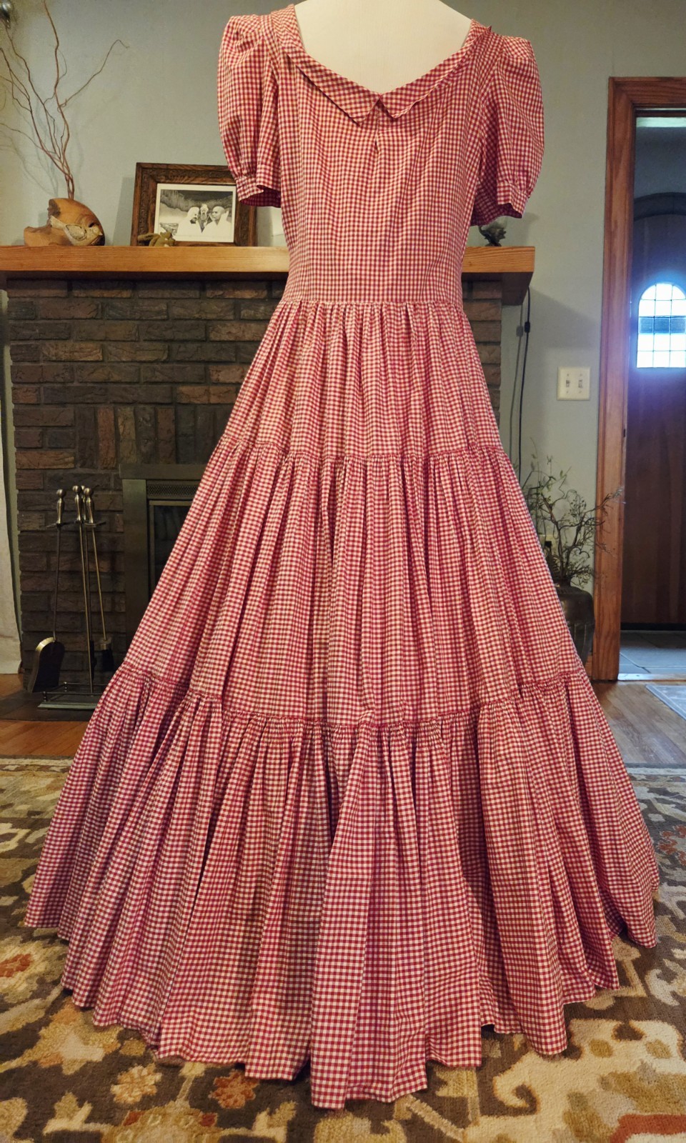 Vintage 40s 50s tiered long Red Gingham dress, Stupendous 600″ sweep! B42″, W34″