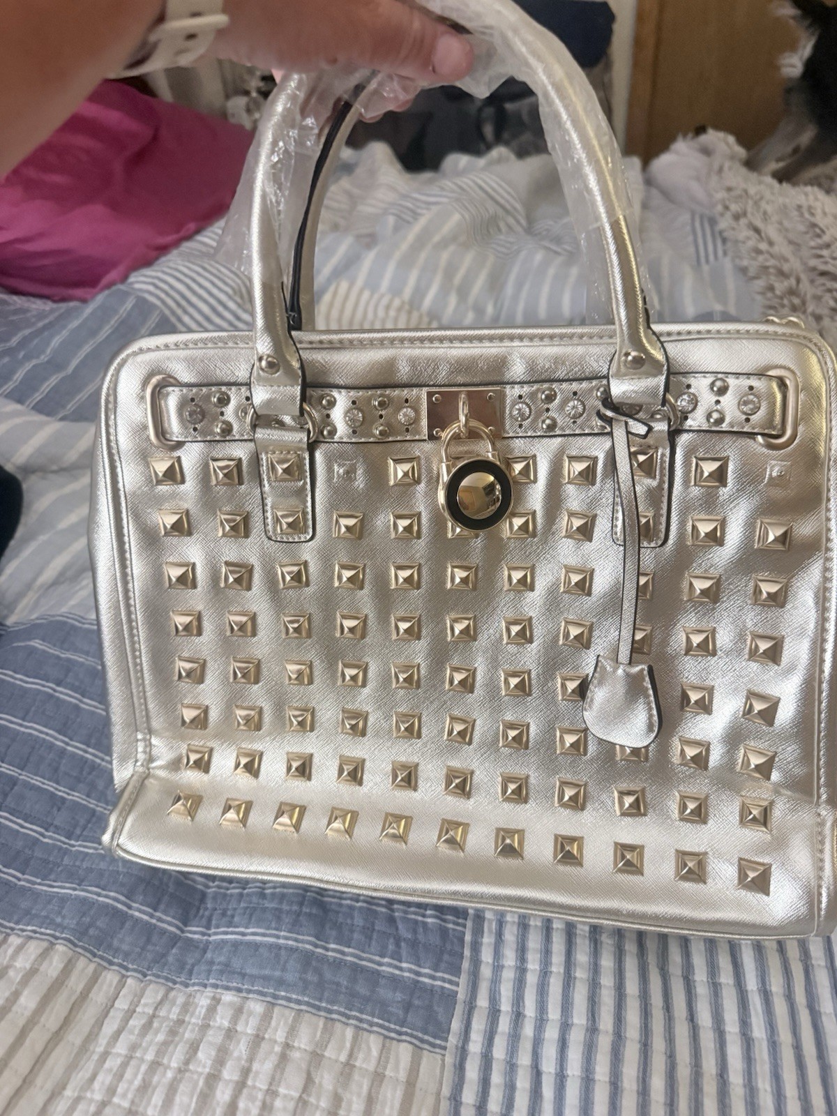 Metallic Gold Studded Satchel Top Handle Bag Zip Detachable Chain Strap Pockets