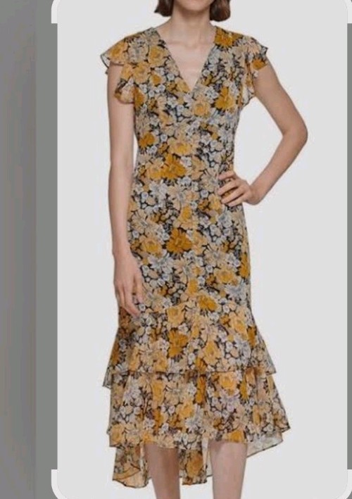 Tommy Hilfiger Women’s Flutter Sleeve V-Neck Chiffon Midi Dress, New Size 6