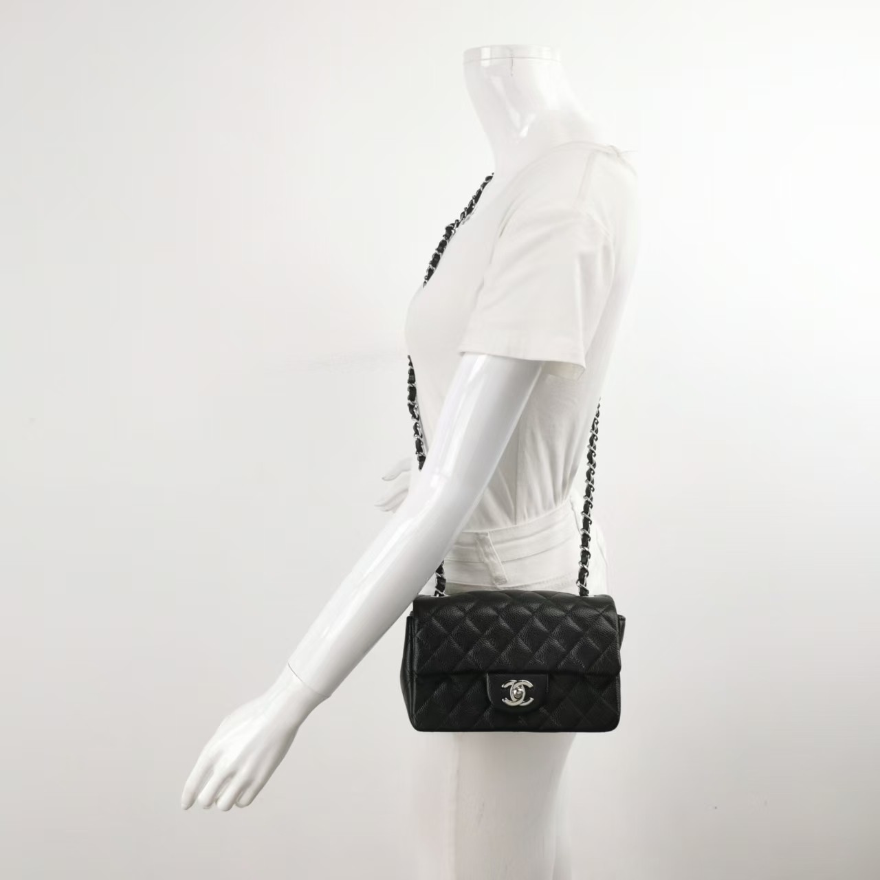 Chanel New Mini Flap Bag 20cm Black Caviar Silver Hardware SHW Auth