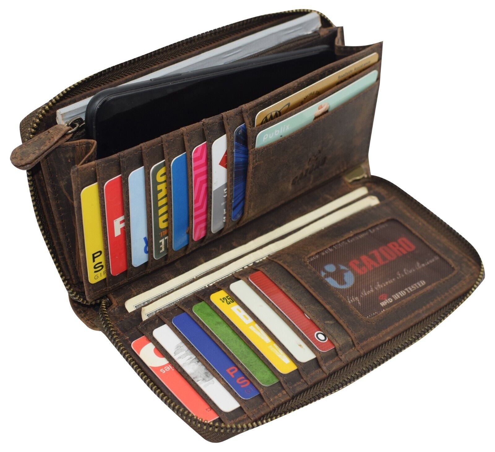 Vintage Leather Women’s Wallet RFID Zip Around Card Holder Phone Wristlet Clutch