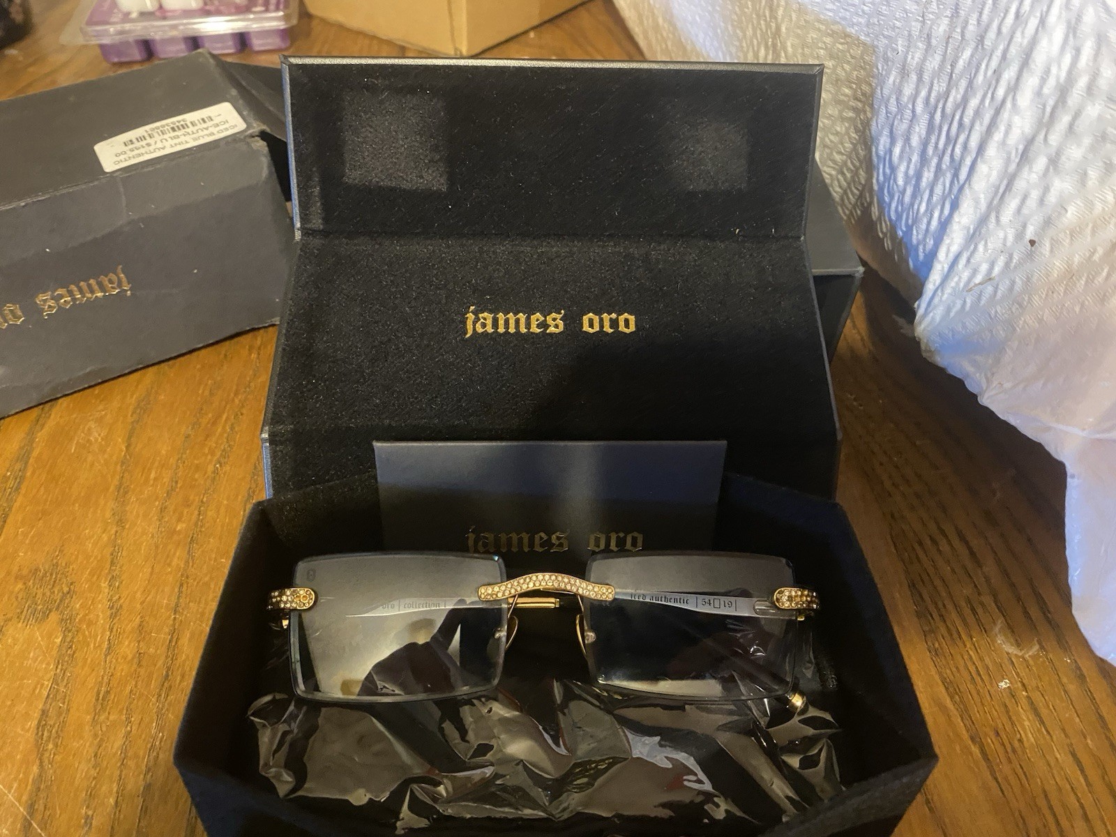 James Oro Rimless Square Sunglasses, Gold Metal Frame, Blue Tinted Lenses