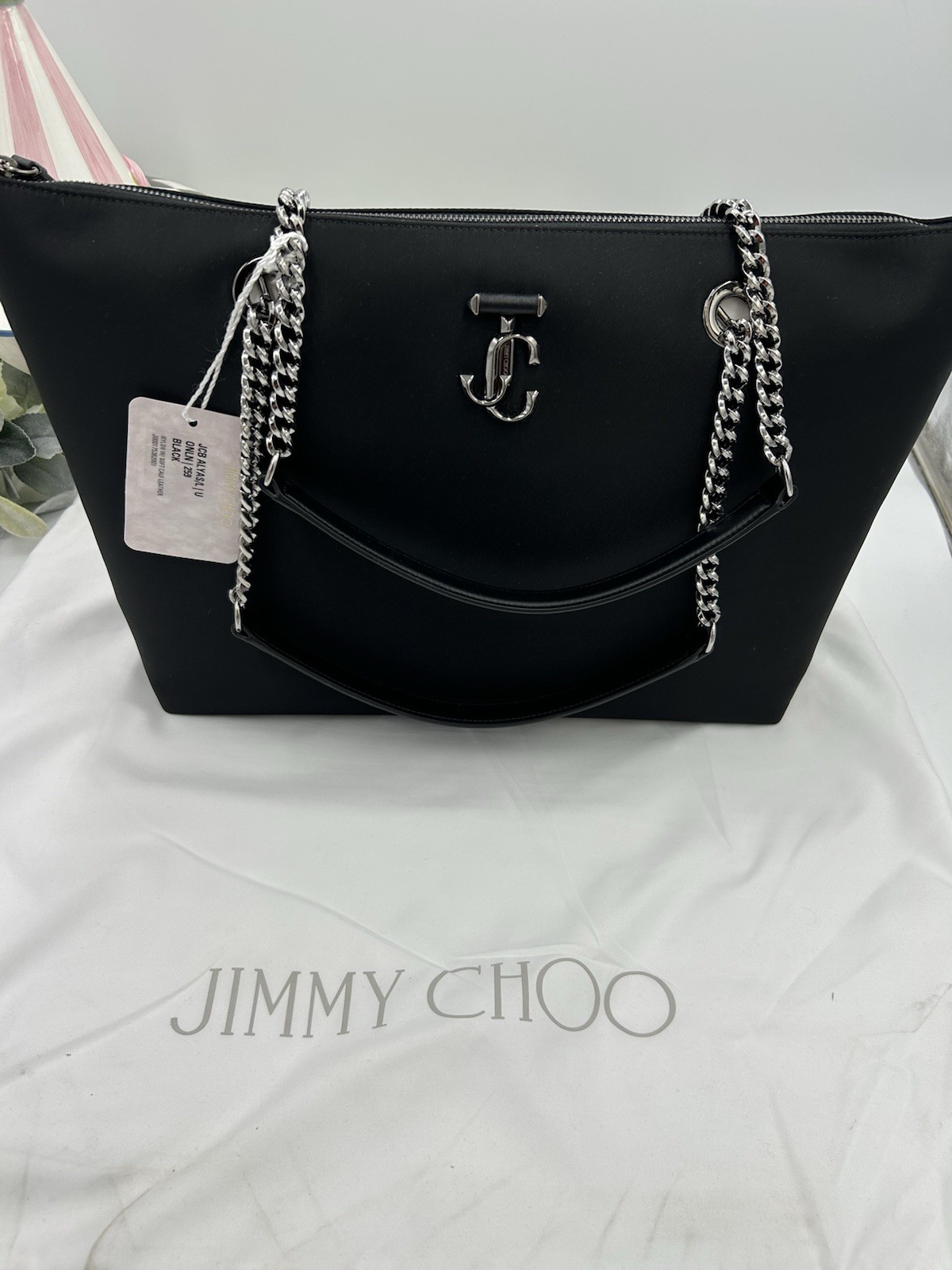 Women’s Jimmy Choo Black Tote Bag With Silver Chain Handles And Iconic Logo
