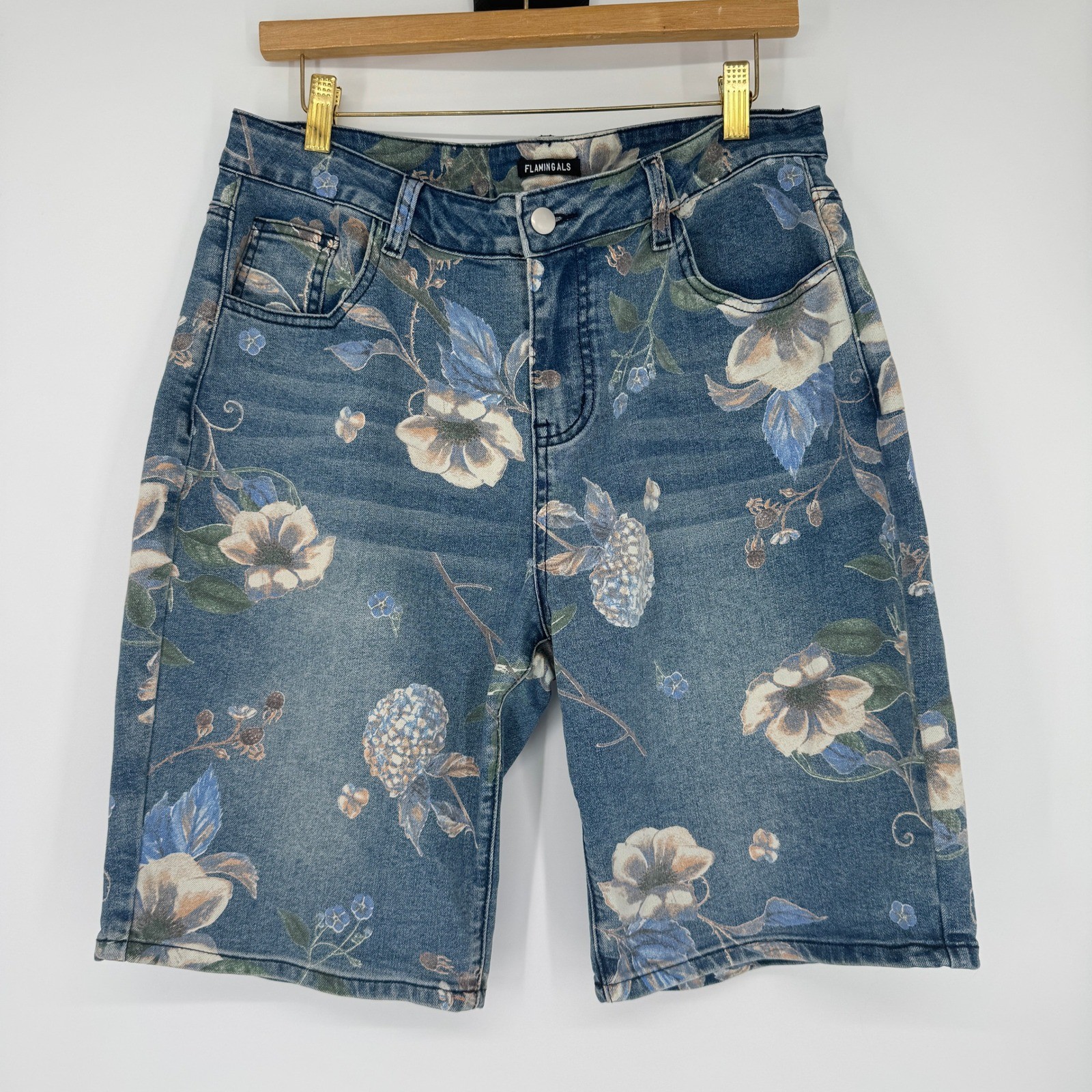 Flamingals Floral Denim Shorts XL Cotton Stretch Bermuda Cottagecore Botanical
