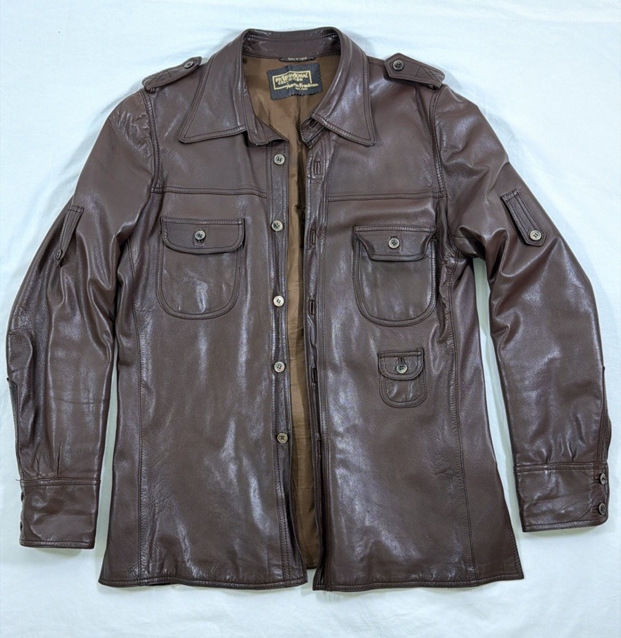 Vintage Brown Real Leather Military Shirt JacketEpaulettes Multi Pocket