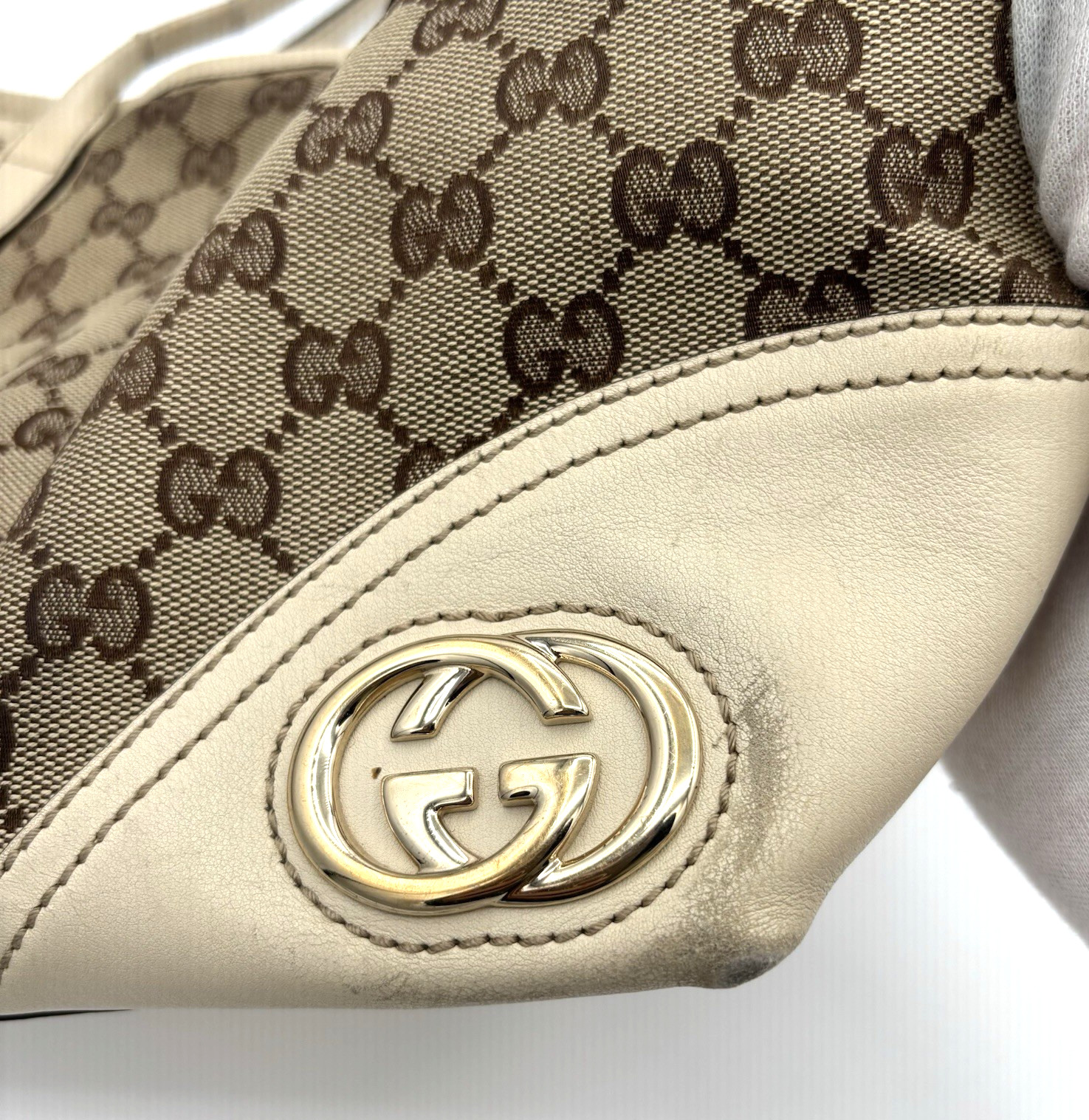 GUCCI GG Logo Abbey Shoulder Bag Canvas Leather Brown Beige Authentic 0058