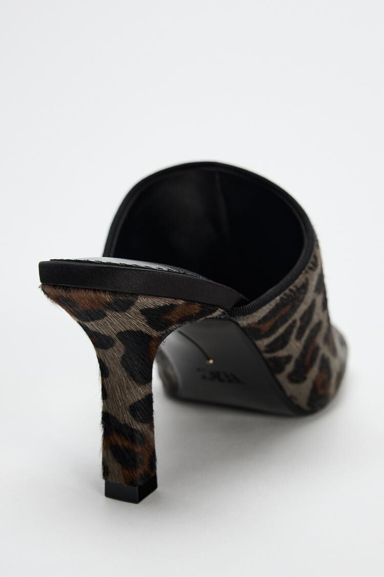 Zara Animal Print 100% Leather Mules Leopard Print Square Toe 2.8in Heel Sz 7.5