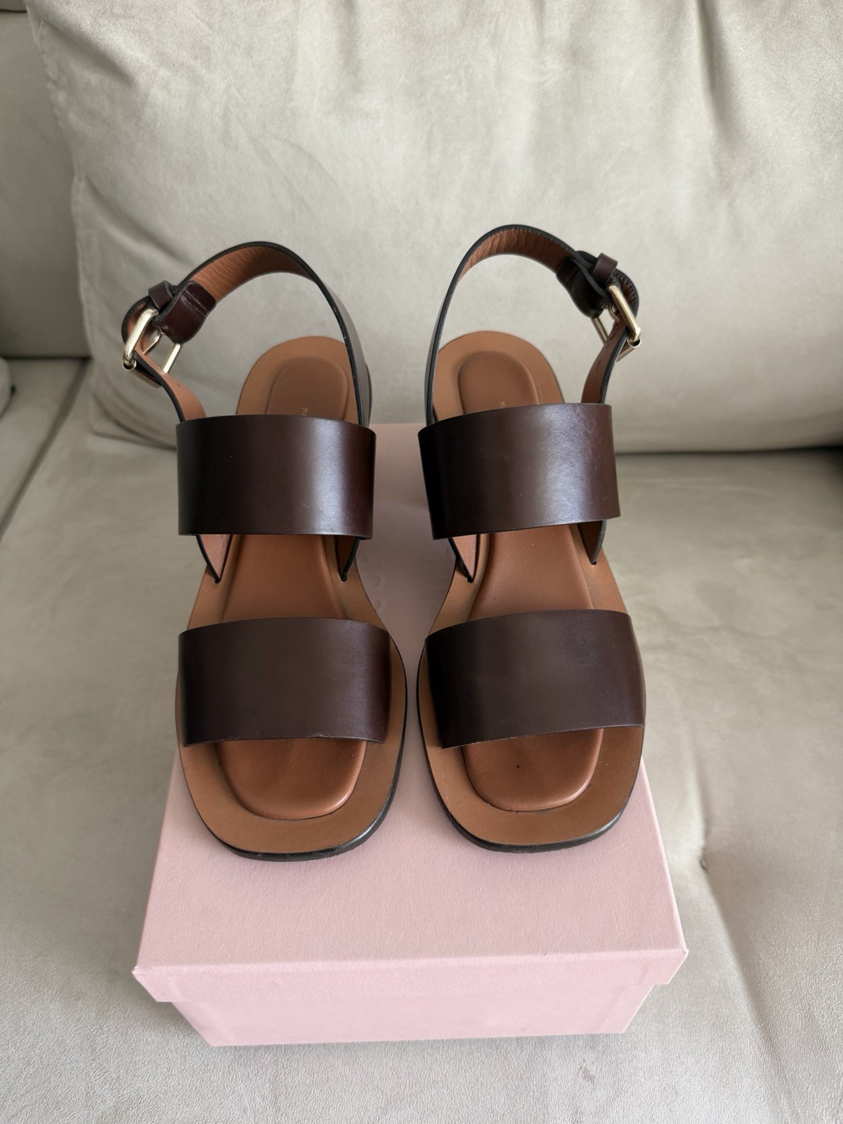 MANSUR GAVRIEL Women’s Chocolate Calf Leather Strappy Block Sandals 8