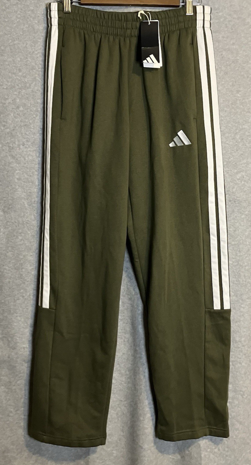 Adidas Mens Size M 3 Stripe Fleece Open Hem Straight Pants Olive Green JY9027