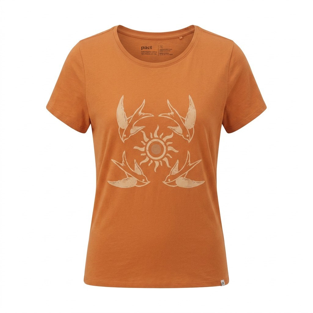Pact SZ L Gold Short Sleeve 100% Organic Cotton Graphic Tee Casual Nature Birds