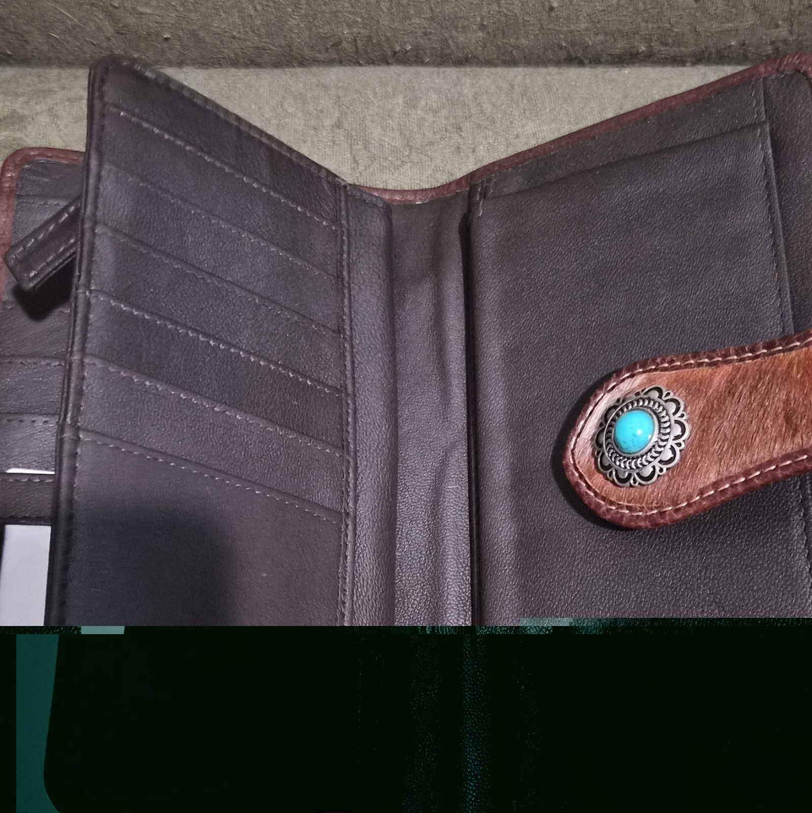 Myra Bag Brown RFID Blocking Folding Wallet w/ Snap Closure & Turquoise Concho