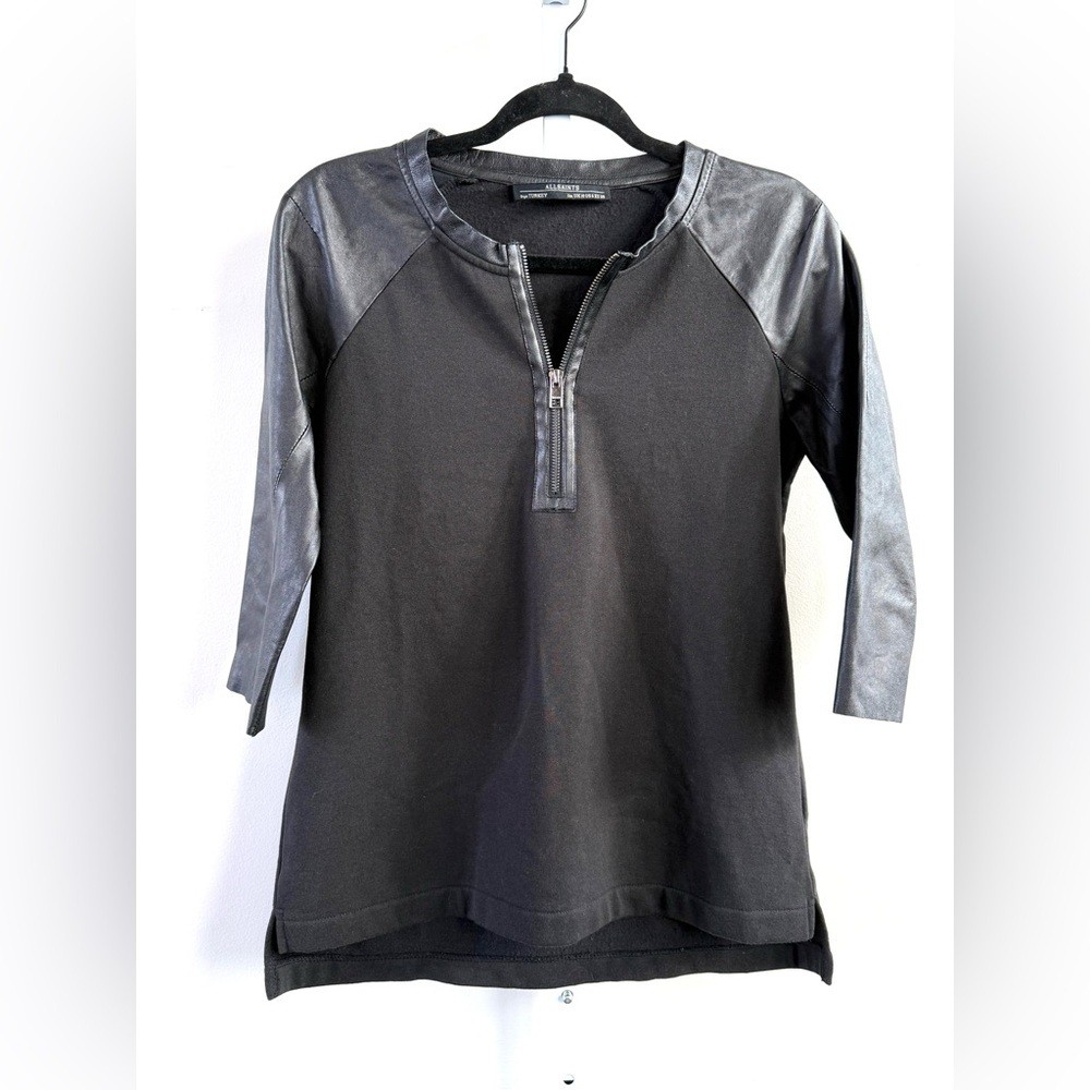 AllSaints Black Leather Sleeve Quarter Zip Top Size 6 Moto Style Blouse