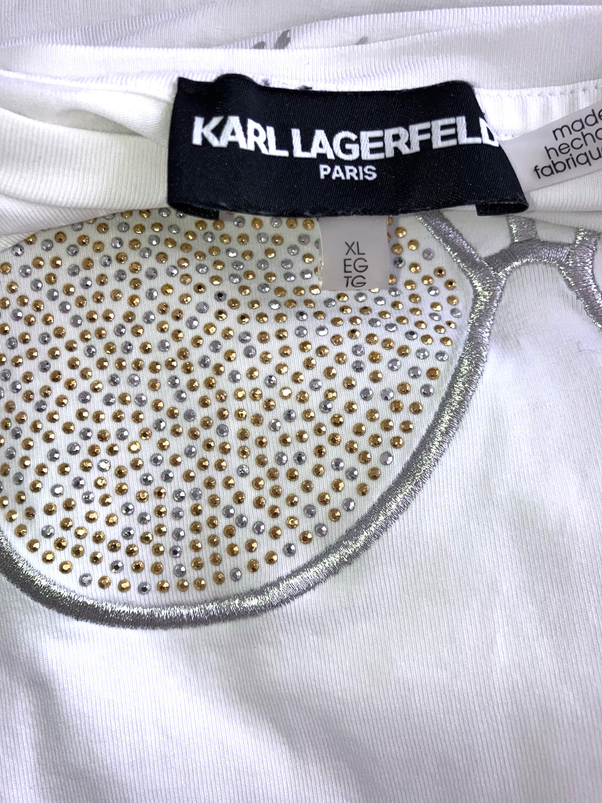KARL LAGERFIELD sz XL White Cotton Short Sleeve T Shirt Rhinestone Sunglasses