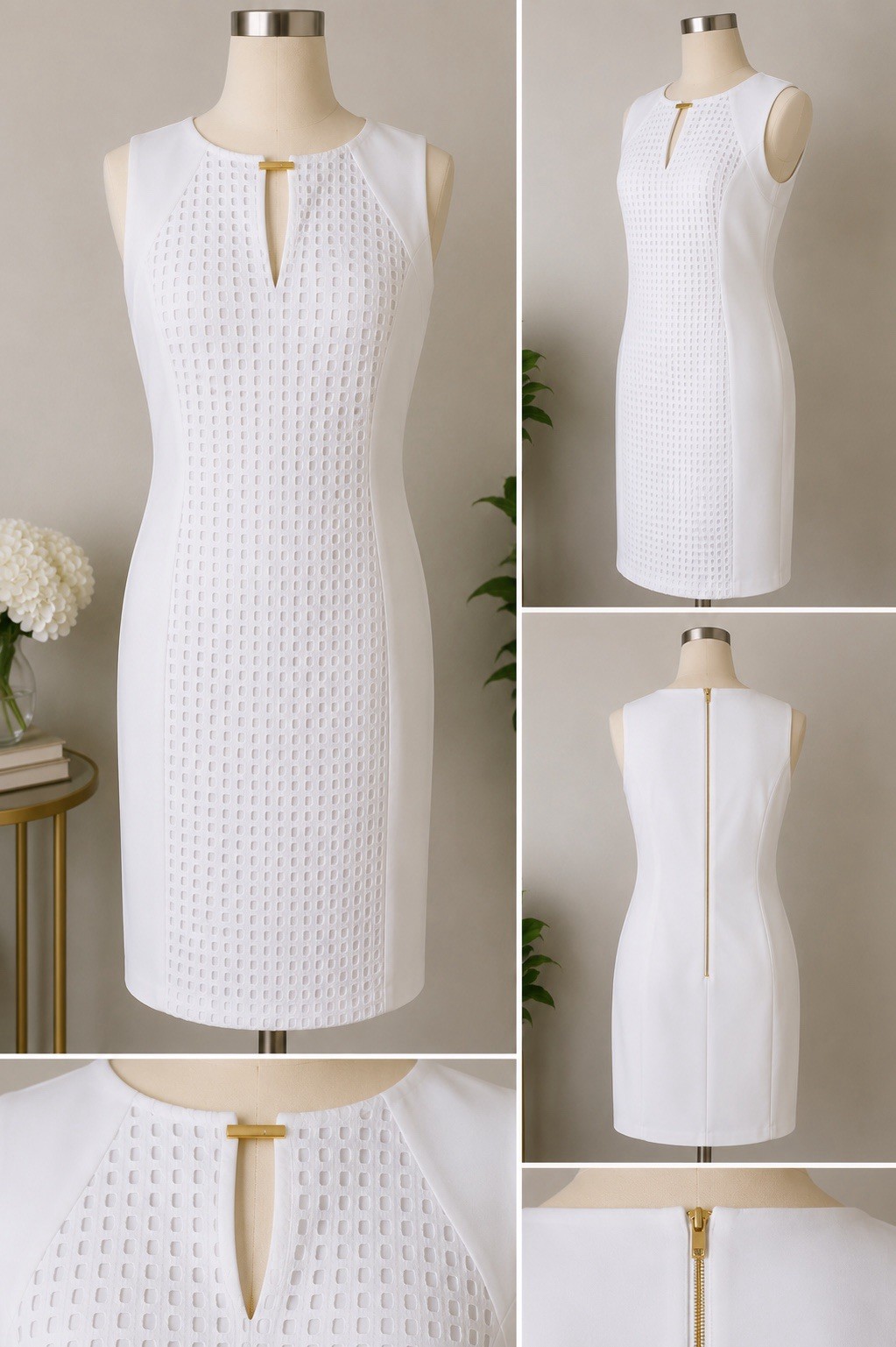 Calvin Klein White Eyelet Sheath Dress Women’s Size 10 Sleeveless Gold Zip