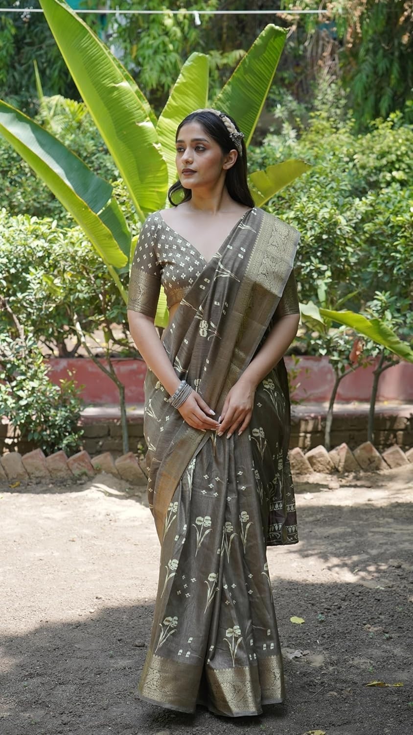 Women’s Silk Blend Block Printed Saree with Blouse Piece