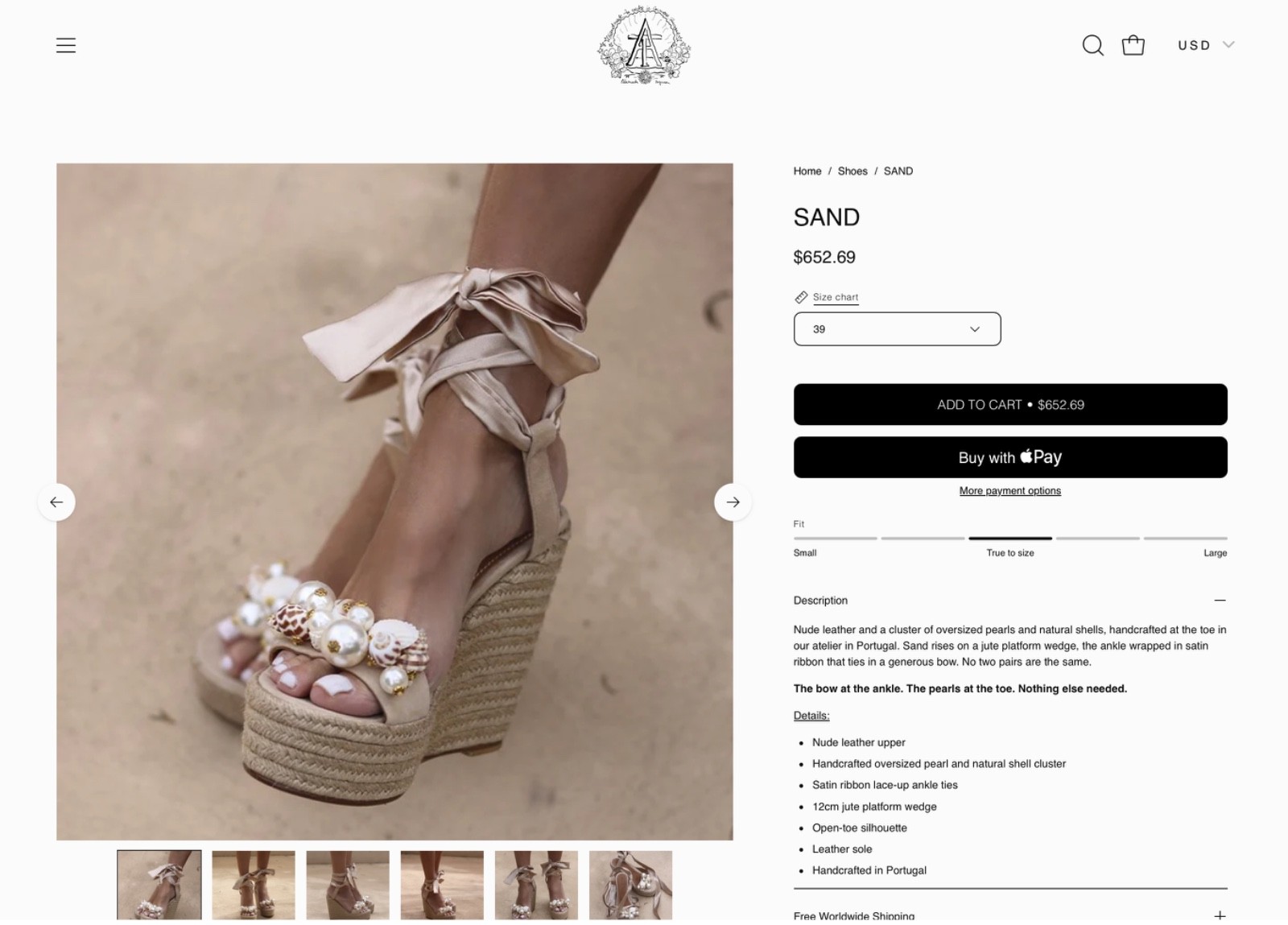 NEW $650 ALAMEDA TURQUESA Shell Wedge Espadrille Sandals – Sand – EU 39 / US 8.5