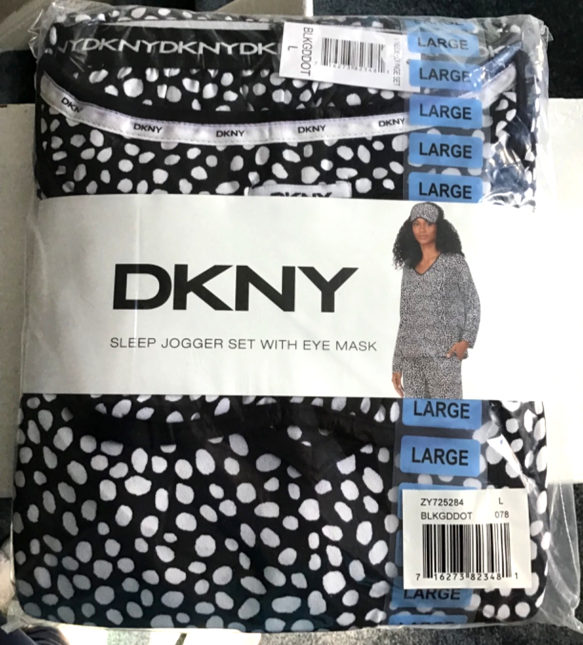 NewDKNY Jogger Pajama Set with Eye Mask Black Dot Lounge Pajamas Women’s L Large