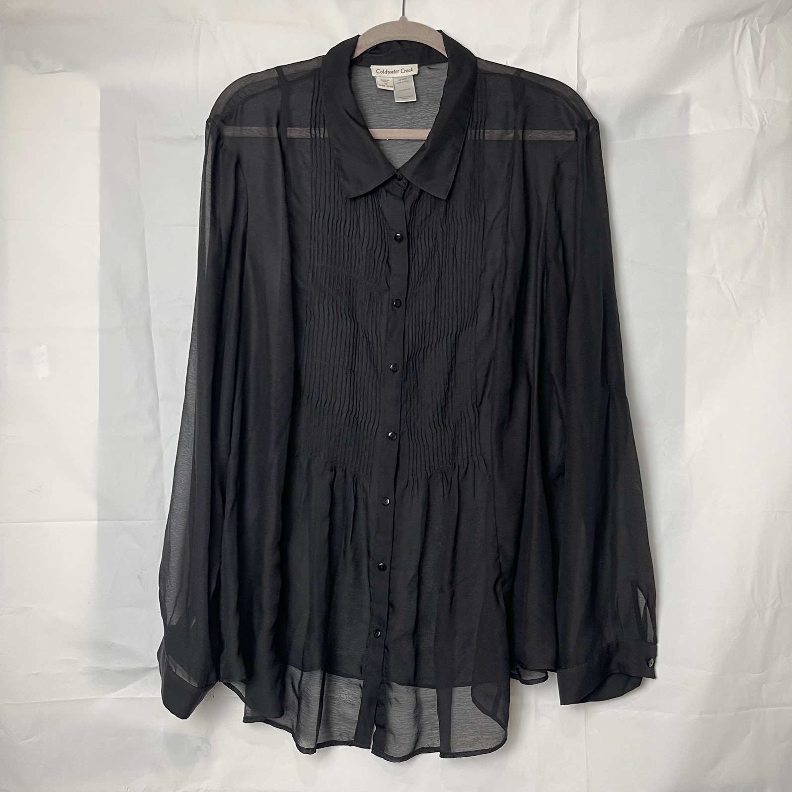 {CC1} Coldwater Creek Womens Black Sheer Oversized Pintuck Button Blouse Sz 3X