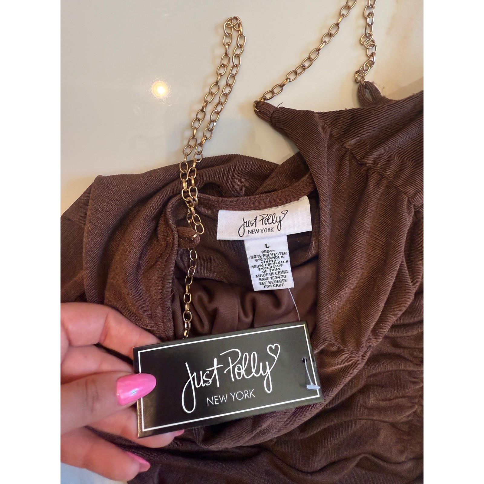 Just Polly New York Brown Ruched Bodysuit Gold Chain Straps Size L