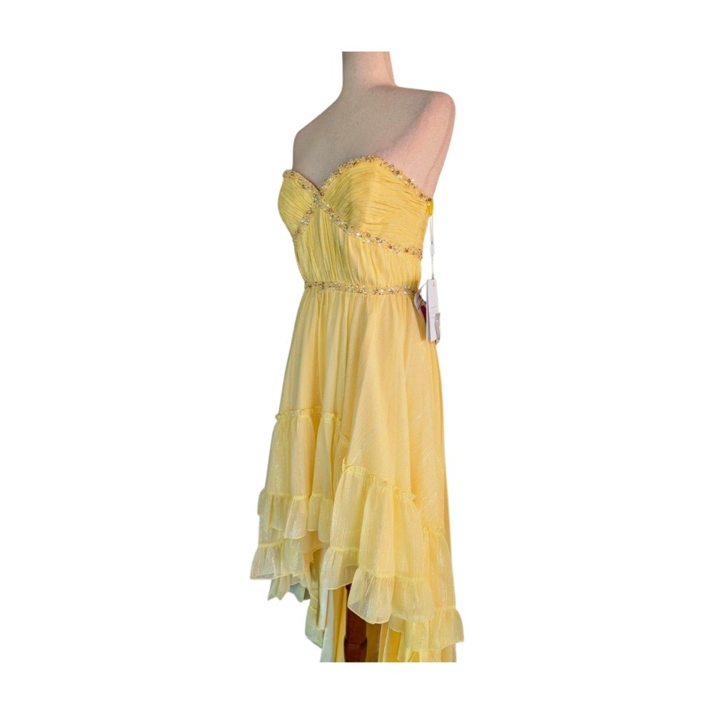 NWT MAC DUGGAL Beaded Strapless Chiffon High Low Evening Dress Lemon 68096 SZ 4