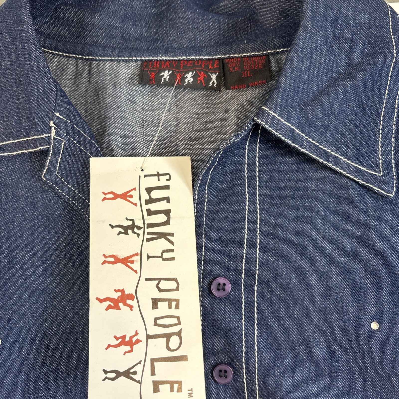 Funky People Top Womens Large Blue Denim L/S Rhinestones Pullover V Neck XL NWT