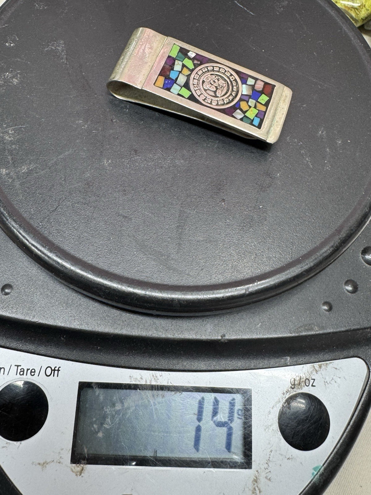 Vintage Taxco Mexico Inlay Multi Gemstone Aztec Sterling .925 Money Clip