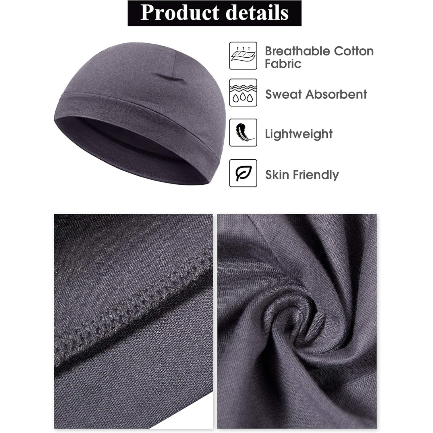 4 Pcs Men Skull Caps Soft Cotton Beanie Hats Stretchy Helmet Liner Headwear