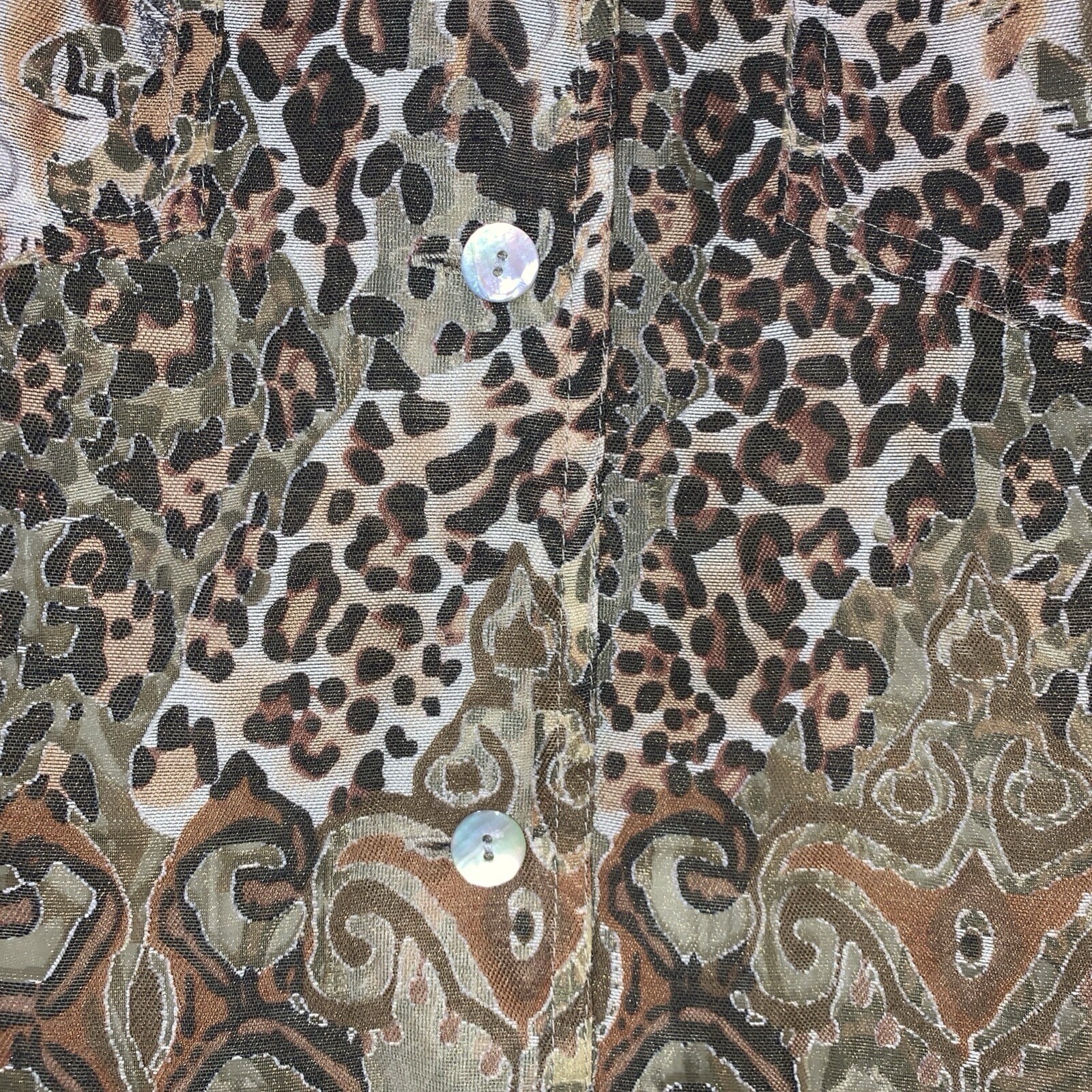Alfred Dunner Button Up Blouse Women Size 16 Browns Semi Sheer Collared Cheetah