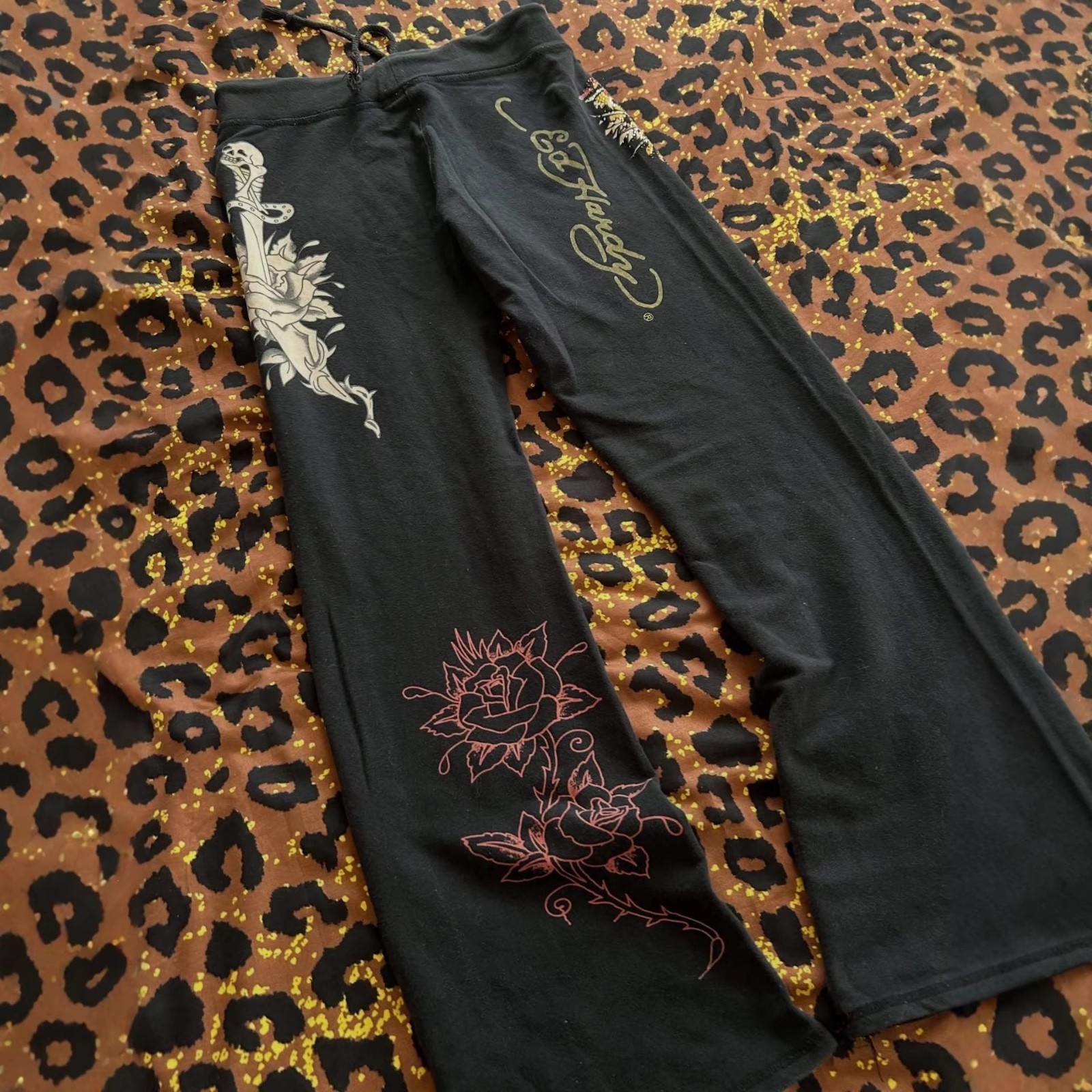 Y2K Ed Hardy Rose Graphic Pants For Women Color Black Size Small and Medium