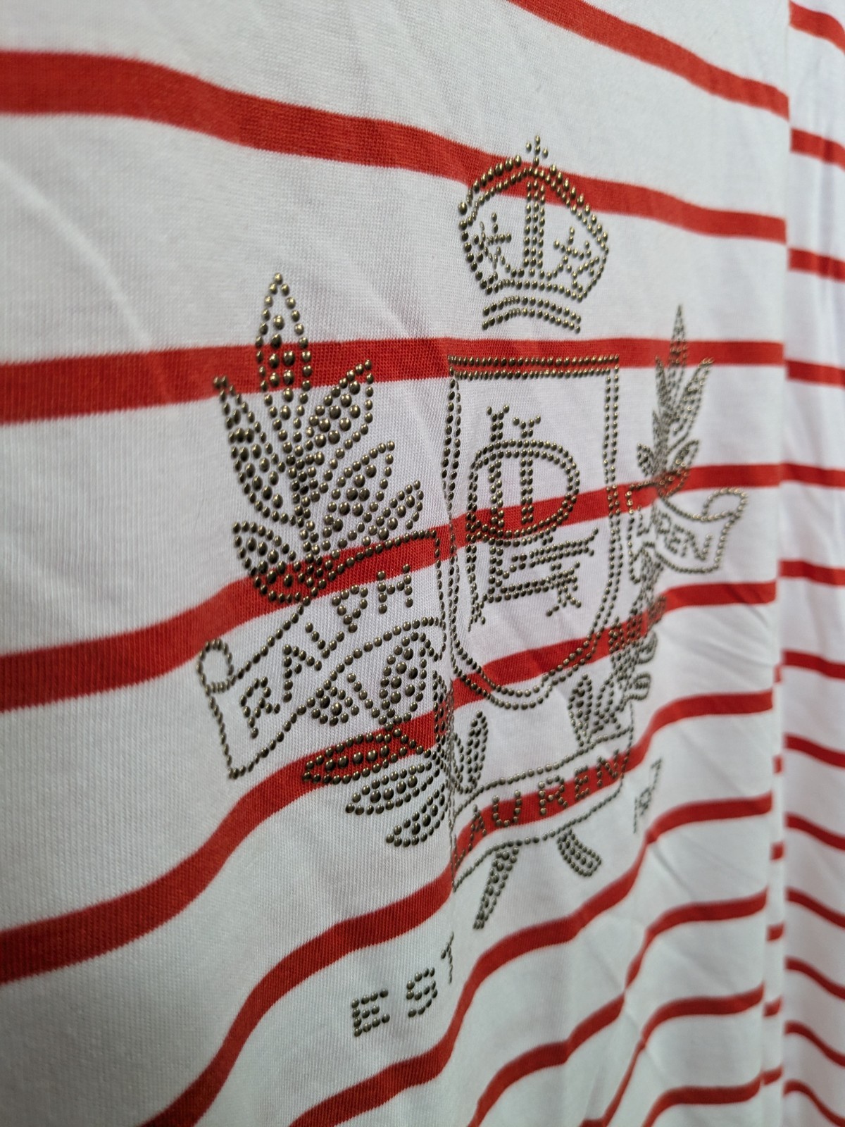 LRL Ralph Lauren Top Womens 2X Studded Logo Crown Striped Tee Shirt Red White