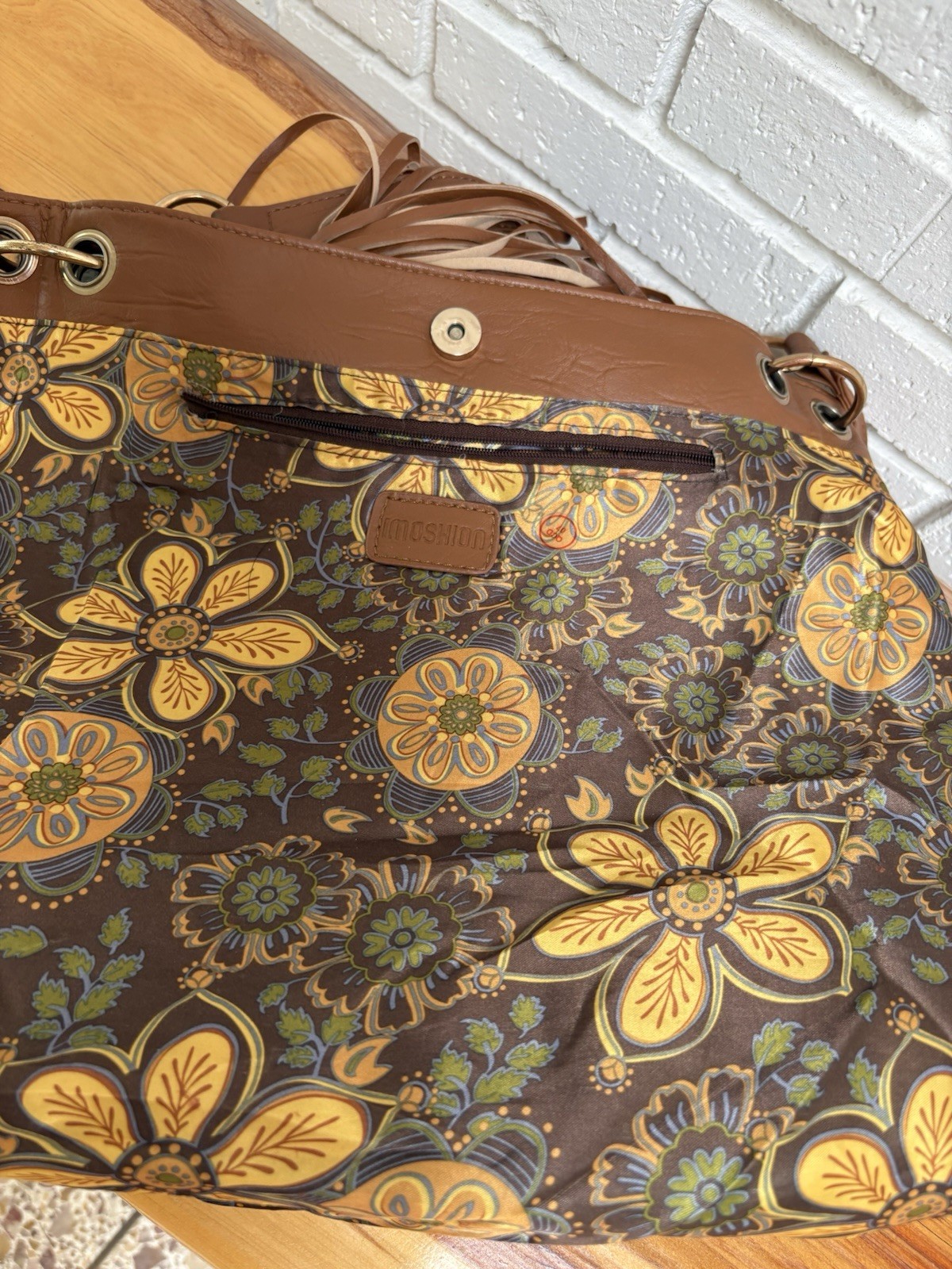 Imoshion Brown Fringe Studded Shoulder Bag Floral Lined, Zip/Snap, Pockets