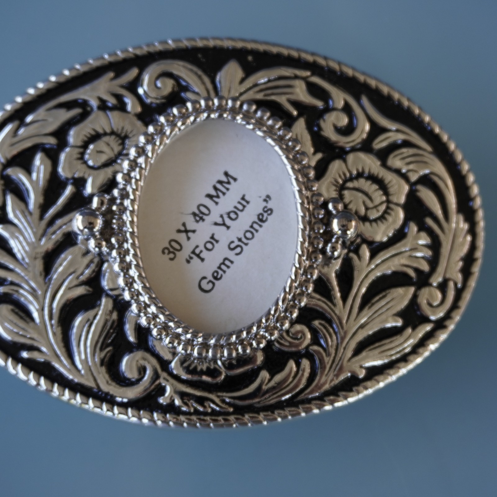 Vintage Western Belt Buckle Blank 30x40mm Cabochon Frame Floral Silver Made in U