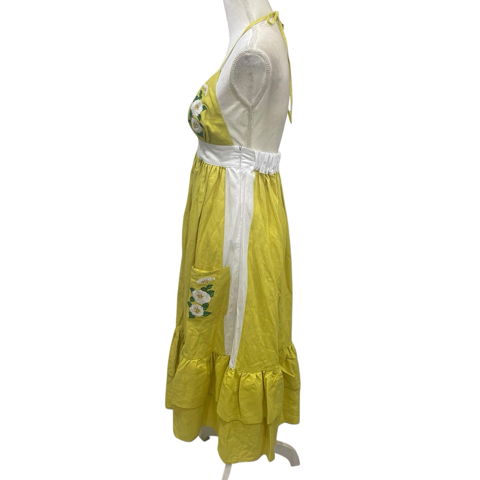 Fanm Mon Large Linen Yamile Floral Embroidered Halter Midi Dress Mustard Lime
