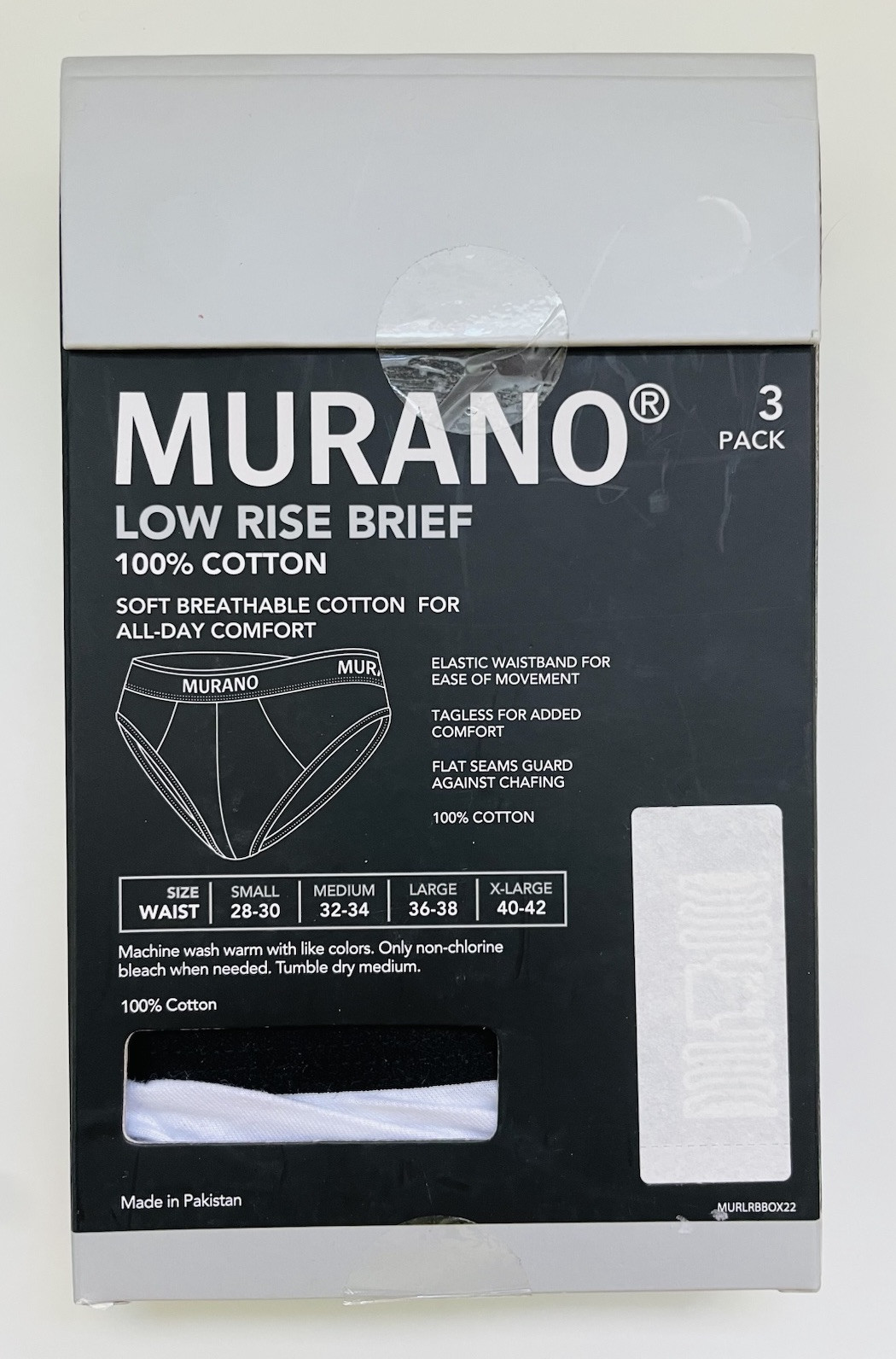3-Pack of Murano Men’s 100% Cotton Low Rise Briefs, White With Black Waistband