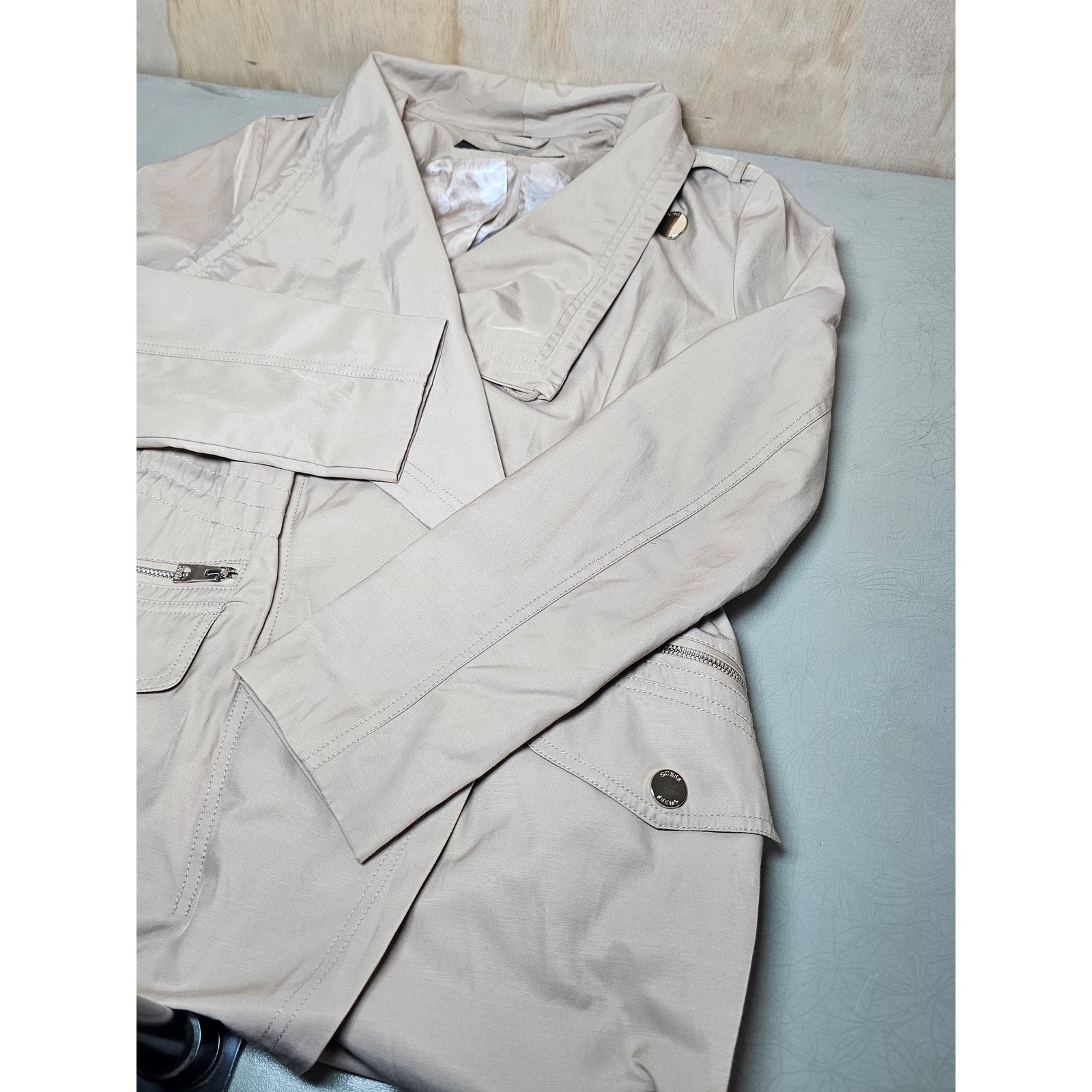 GUESS Los Angeles Womens Tan Draped Trench Jacket Drawstring Waist Beige Coat