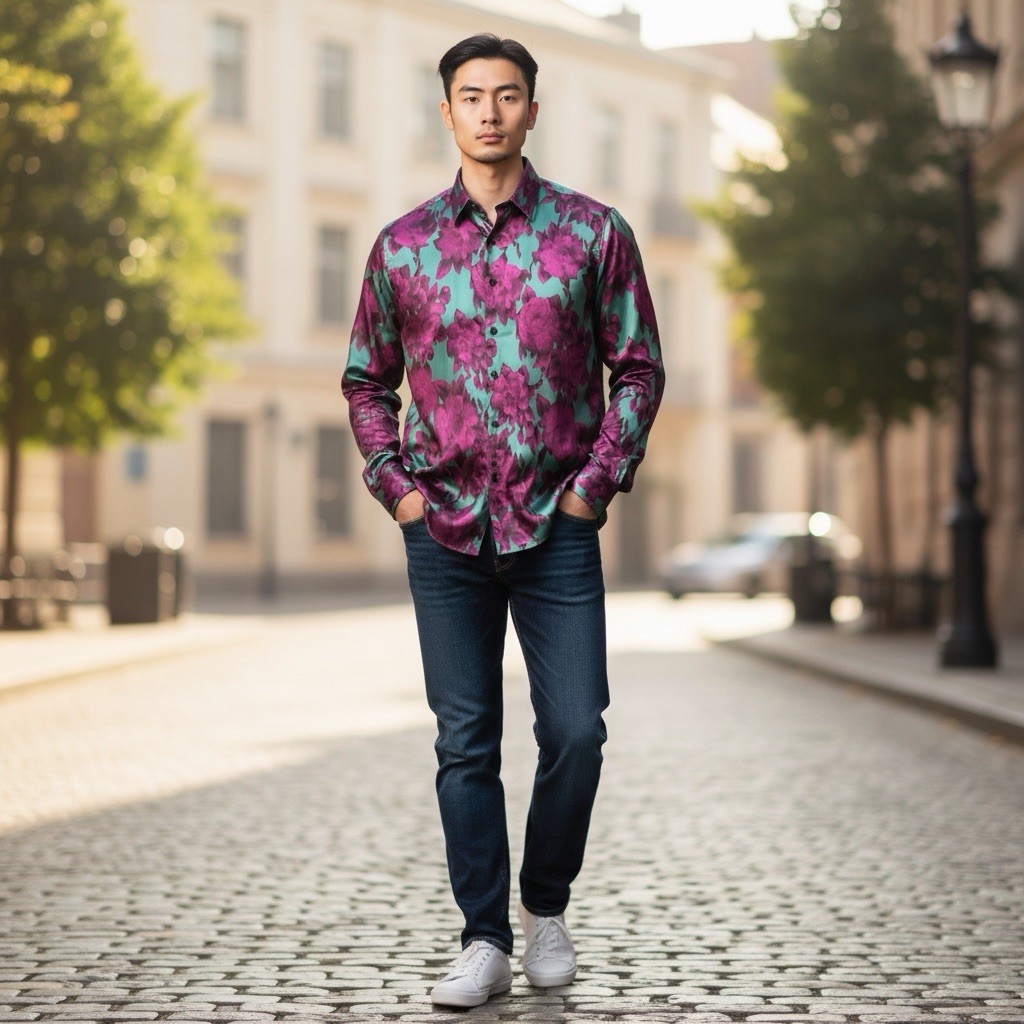 Barry Wang Men’s Teal Purple Dress Shirt Shiny Floral Button Up Small NWOT C68