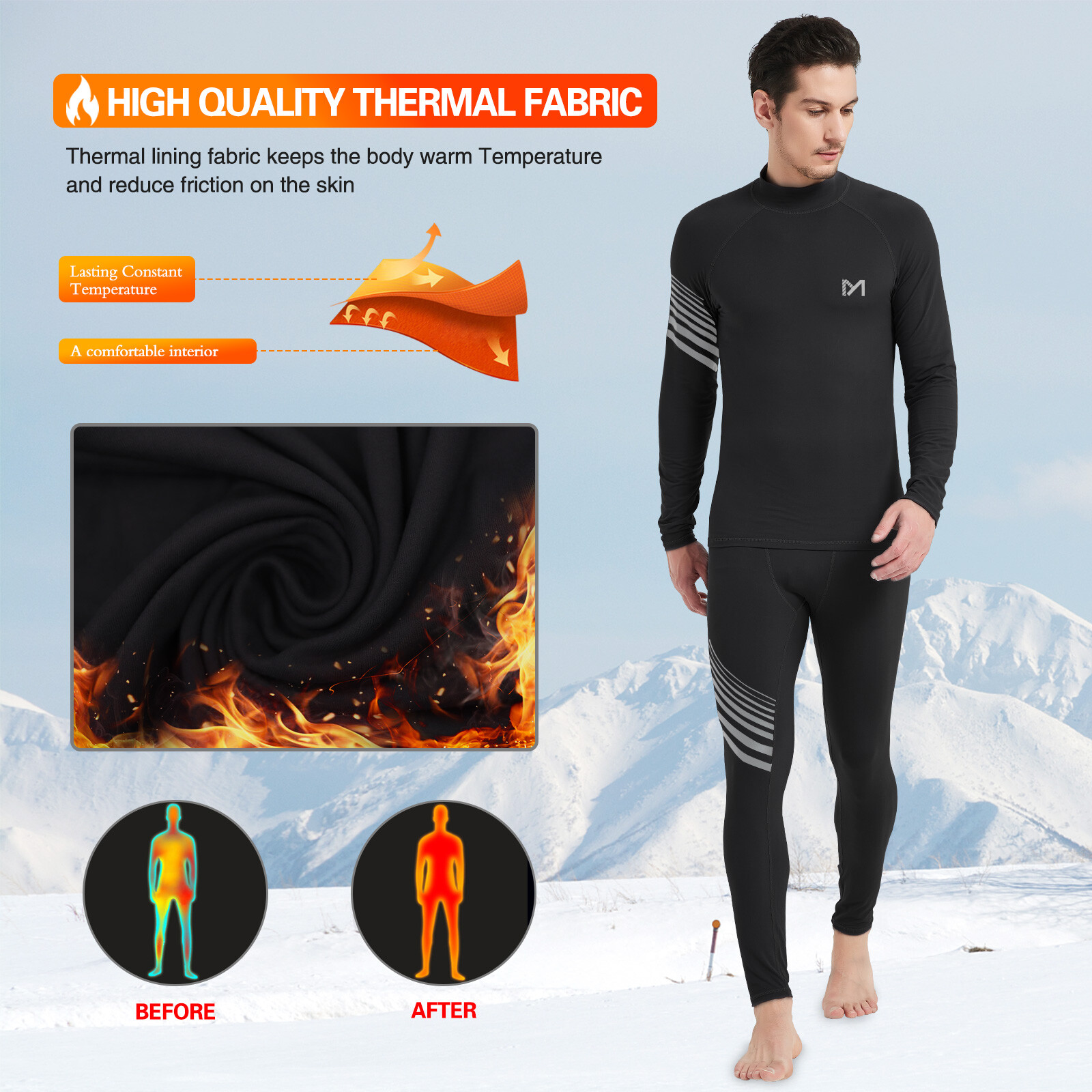 Mens Fleece Lined Thermal Long Johns Top Bottom Underwear Set Winter Turtleneck