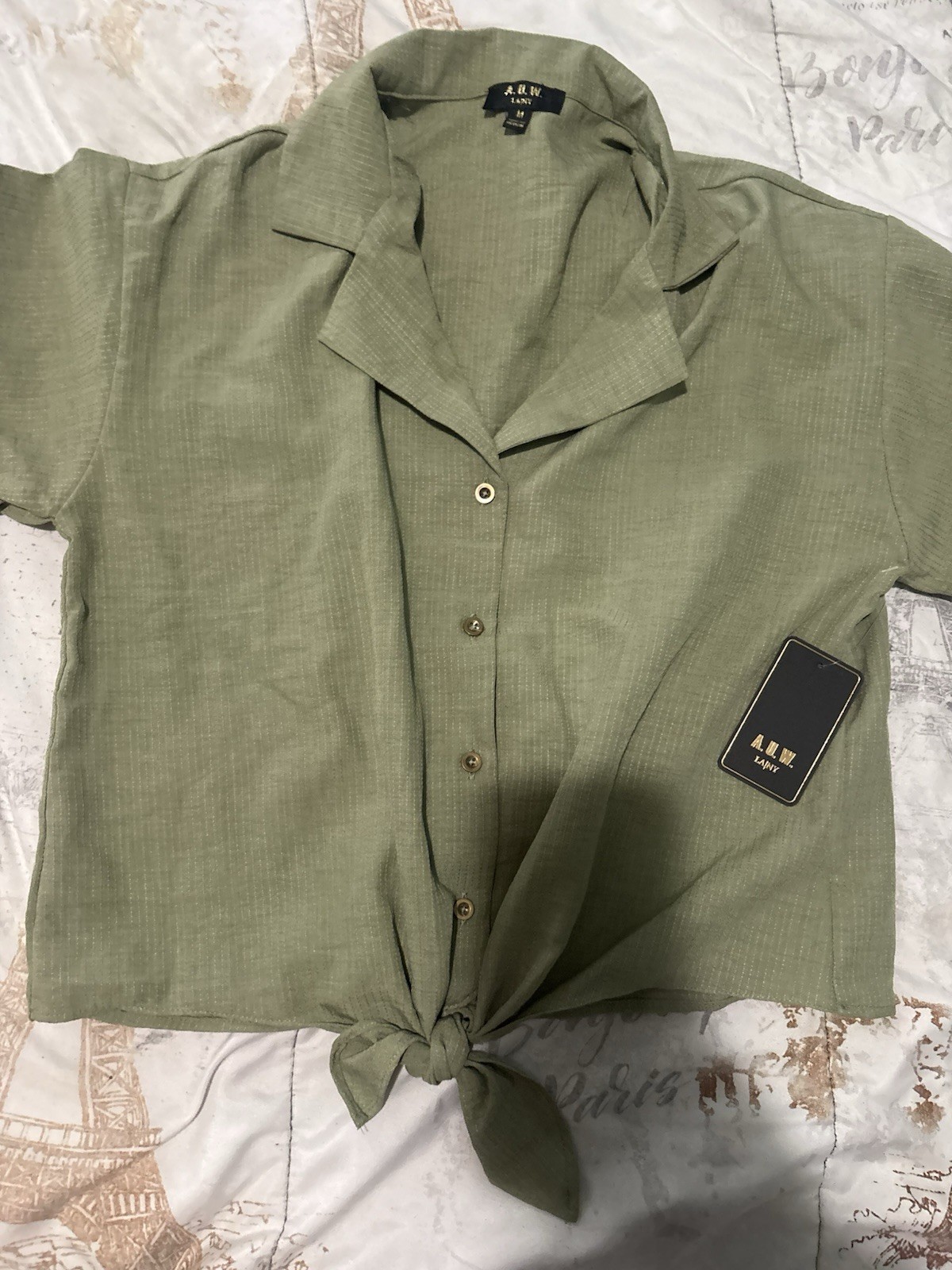 A.U.W. LAINY Olive Green Button-Down Front-Tie Shirt, Sizes S-M-XL