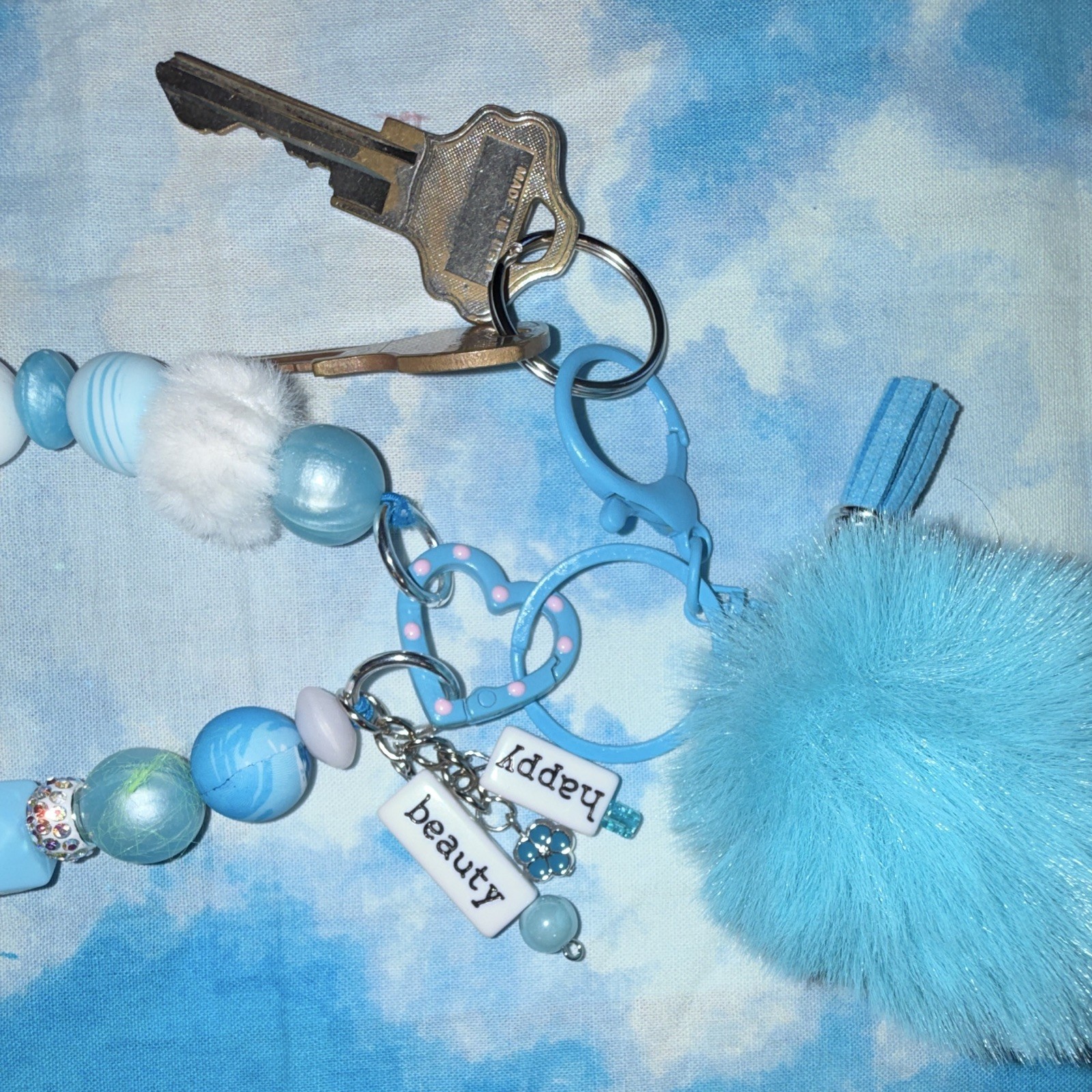 Blue Faux Fur Pom Pom Beaded Key Chain/Bag Charm w/Tassel & Detachable Clip