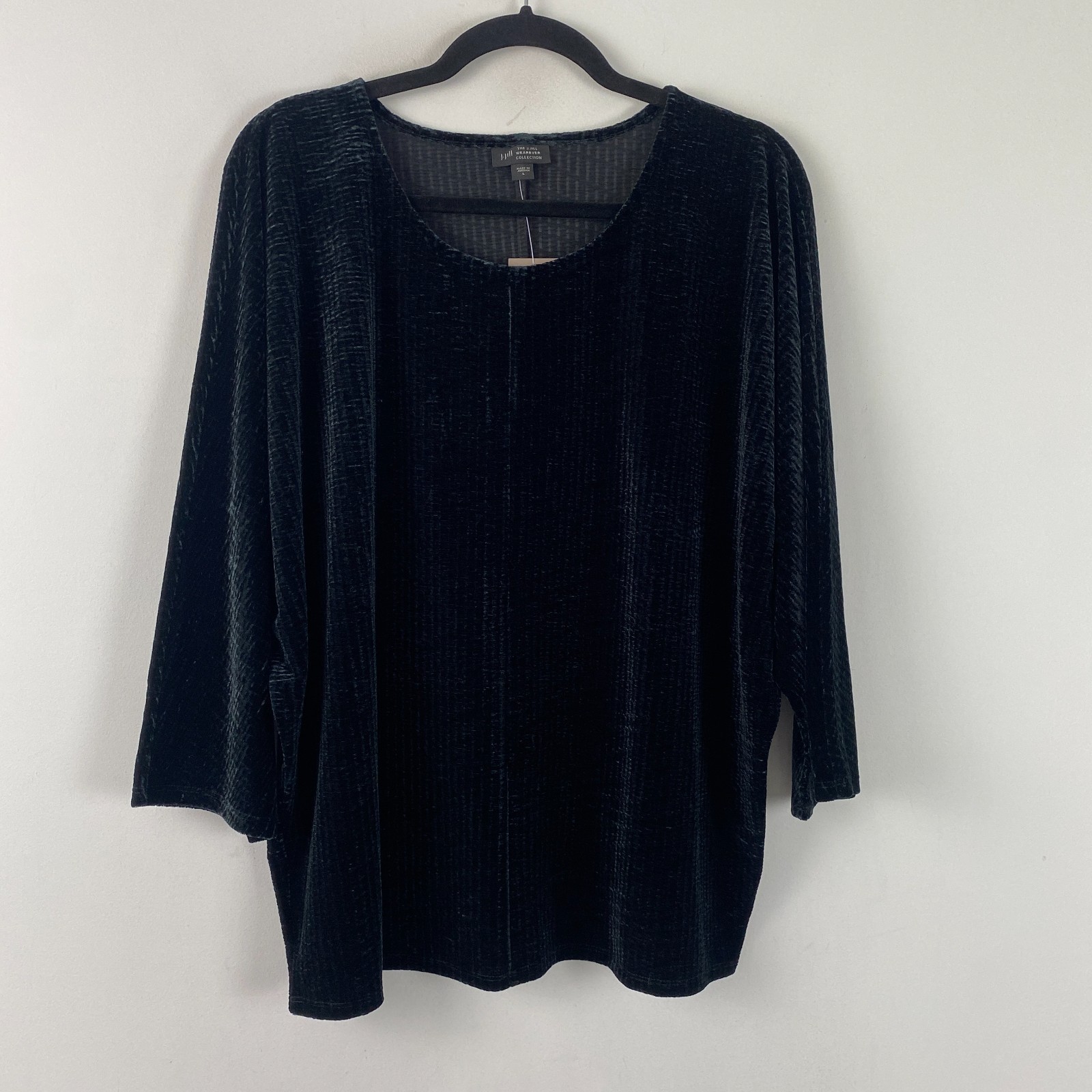 J Jill Wearever Crushed Velvet Wedge Top Size Large Black 3/4 Dolman Sleeves