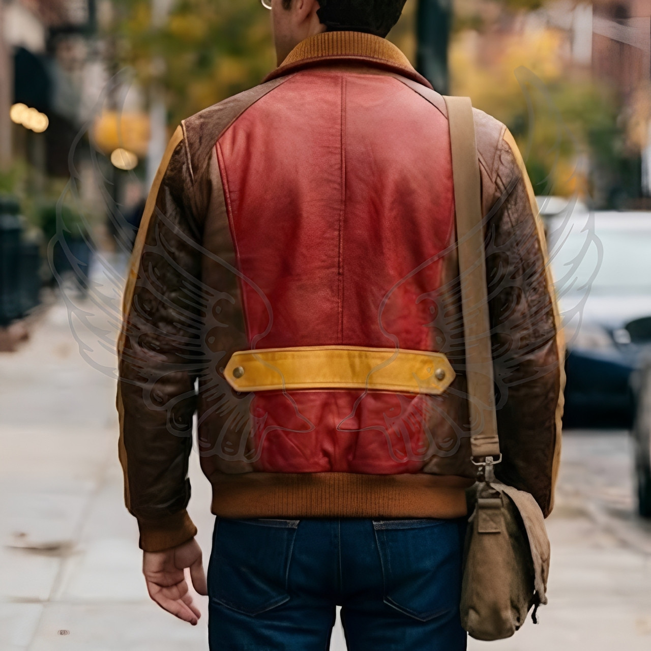 Men’s Premium Sheepskin Leather Bomber Jacket – Contrast Red Brown Yellow