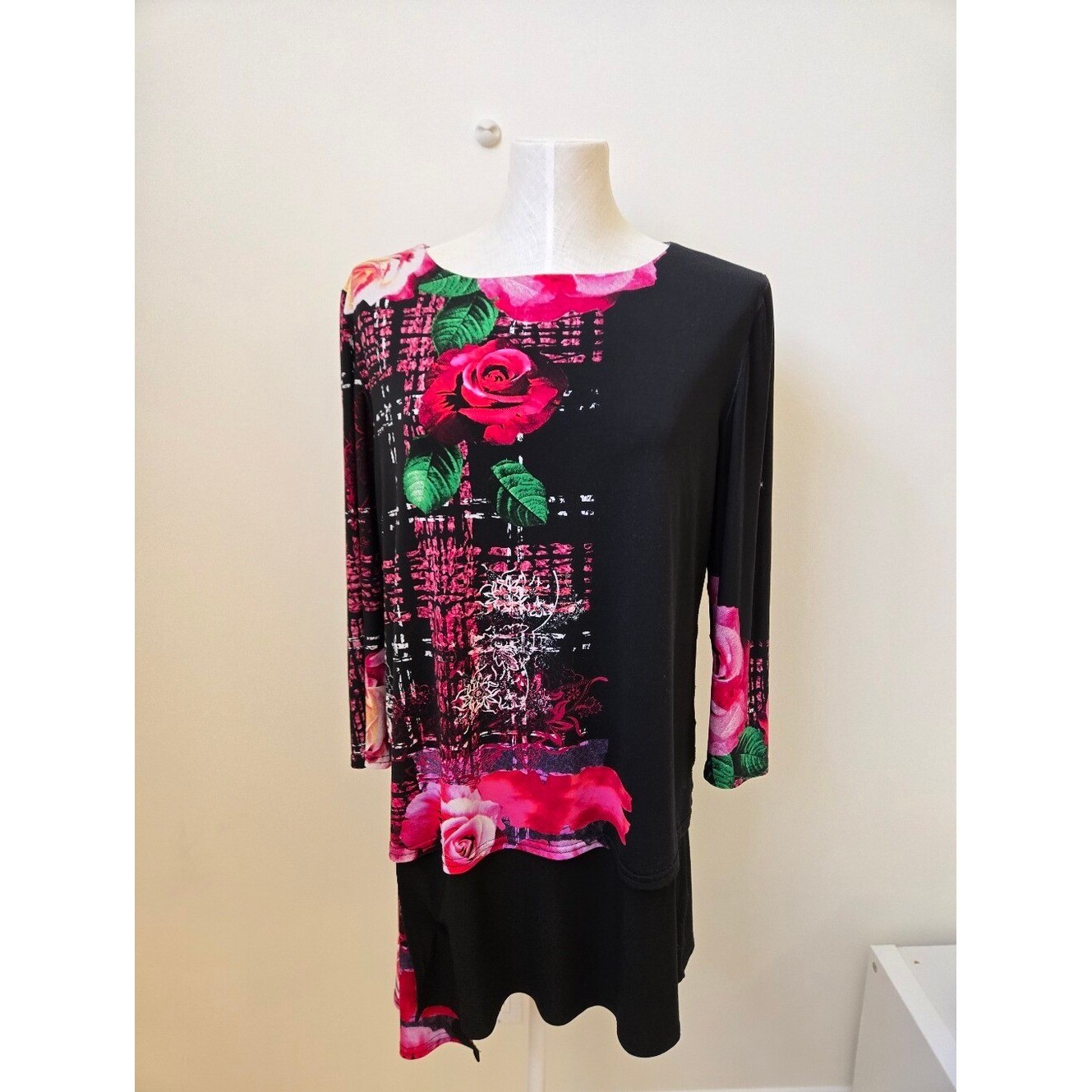 Joseph Ribkoff Black Floral Tunic Dress Size 14 Layered Top Pink Roses