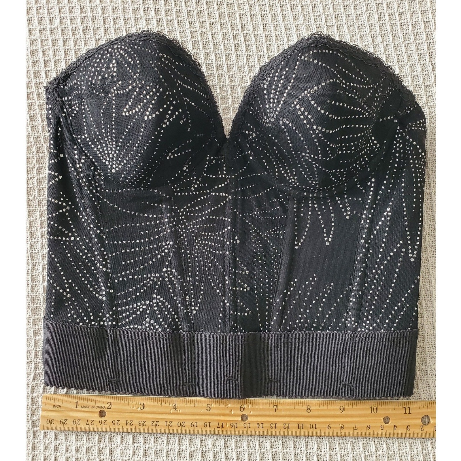 Vintage 90s Black Silver Lace Corset Strapless Floral Bustier Mesh Lingerie 34B
