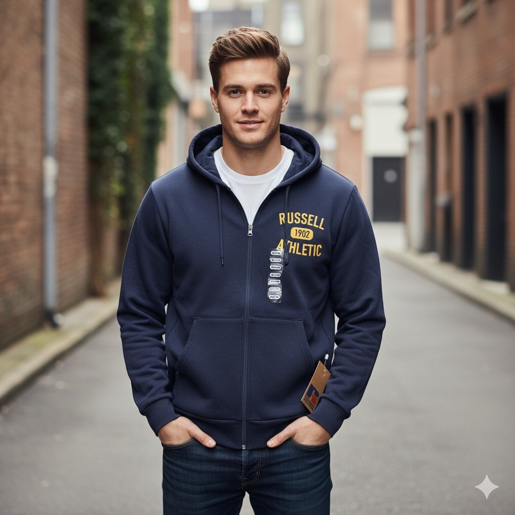 Men’s Medium Russell Athletic Hoodie Full Zip Blue NWT 1902 Graphic Fleece