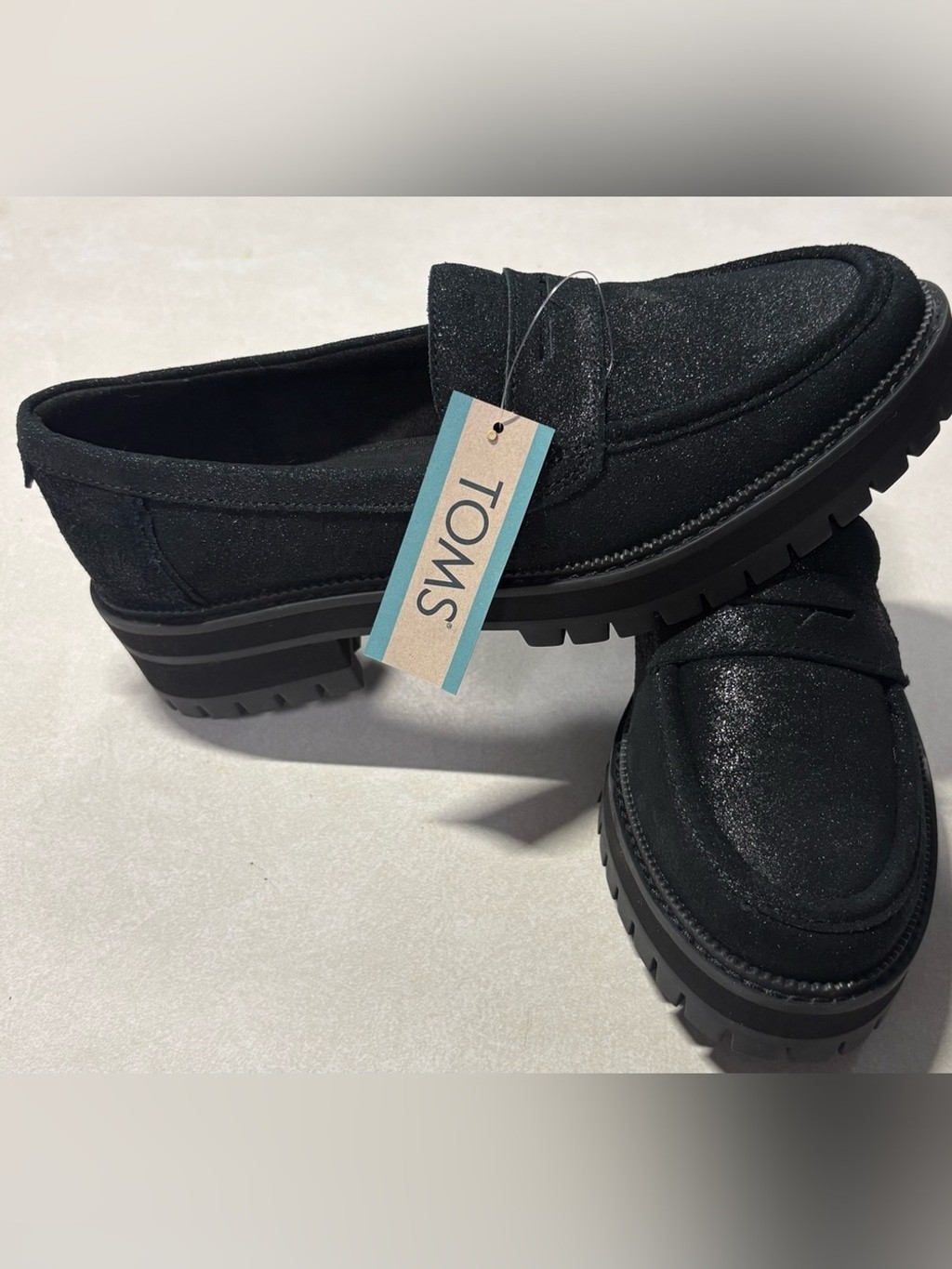 TOMS Black Glitter Lug Sole Penny Loafers