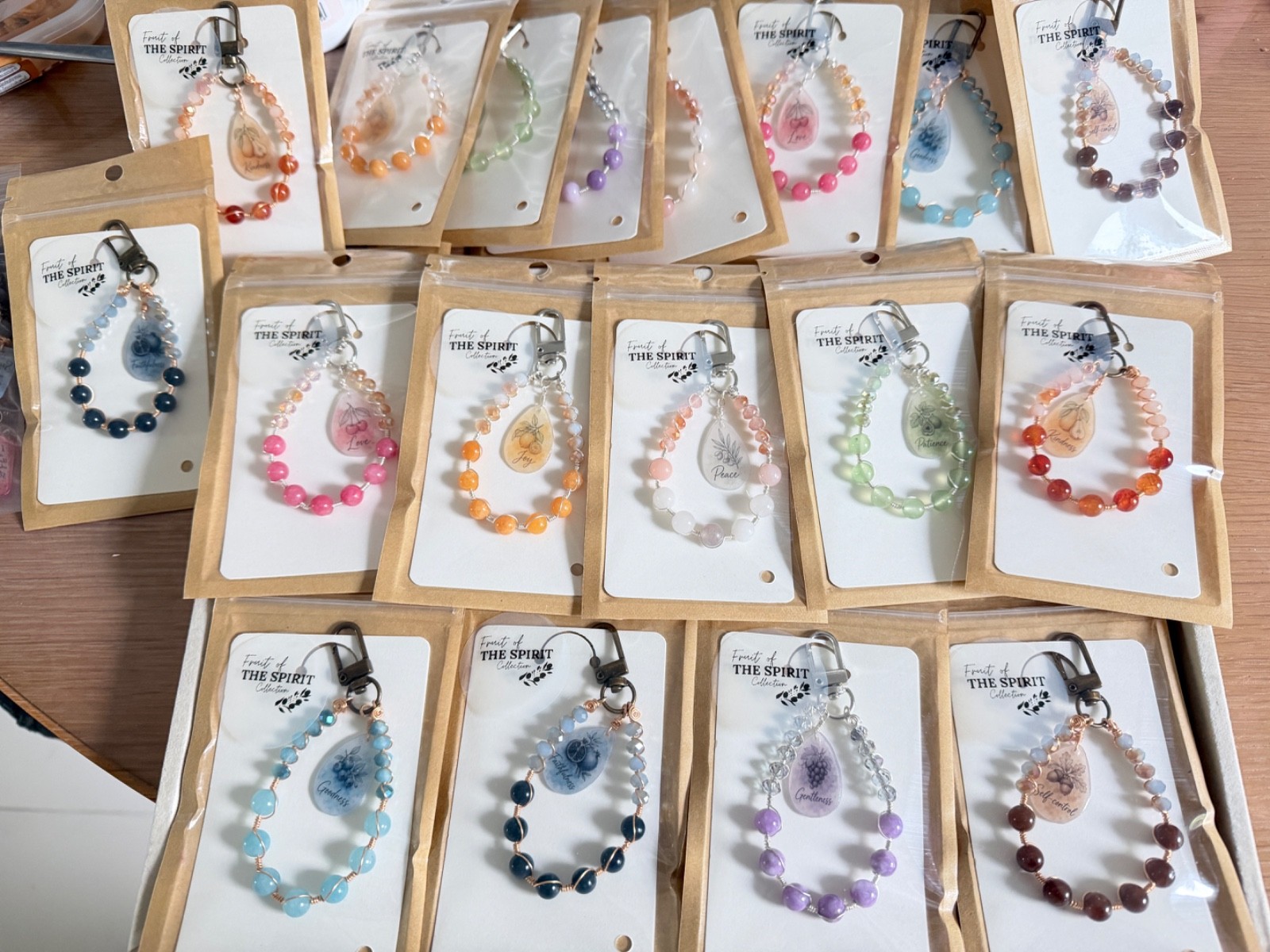 Handmade Natural Stone Fruit of the Spirit Keychain Christian Bible Verse Gift
