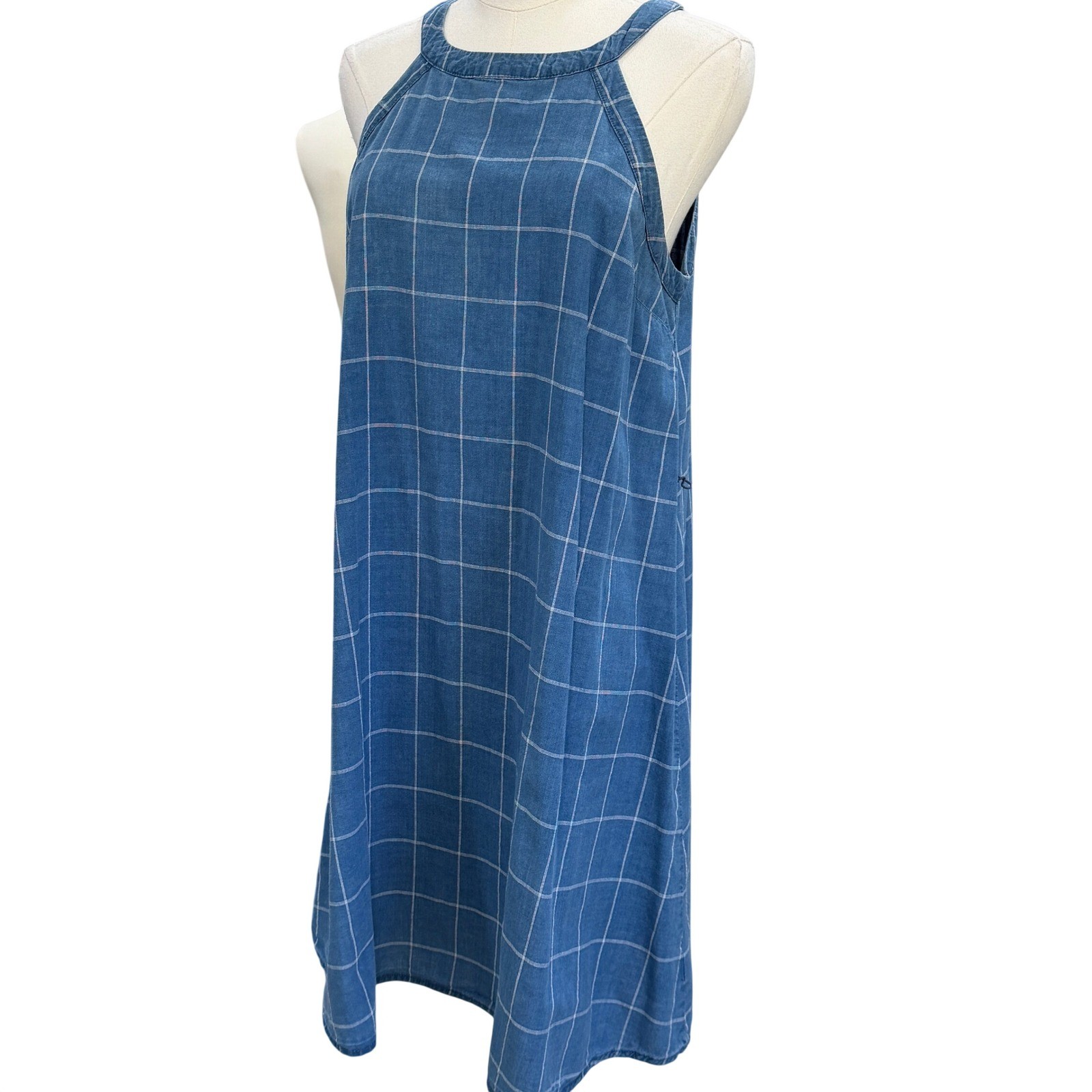 A New Day Chambray Windowpane Midi Dress Coastal Cottagecore Pockets Blue SZ M